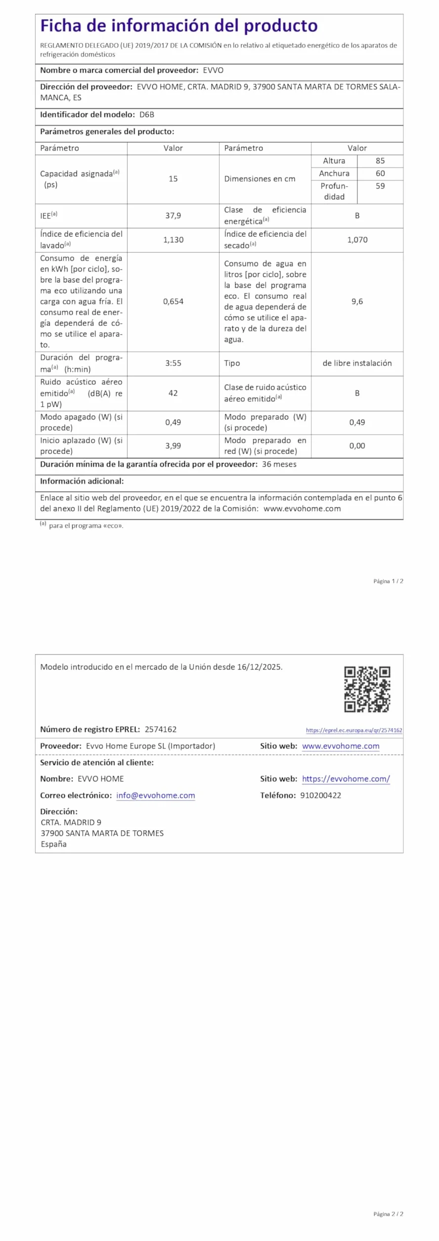 Lavavajillas D6 Libre Instalación 60 cm - Clase B Alta Eficiencia, 15 Cubiertos, 8 Programas, Apertura Automática, Luz UV e Inicio Diferido - Lavavajillas Acero Inoxidable Inox - Secado Turbo (Negro)