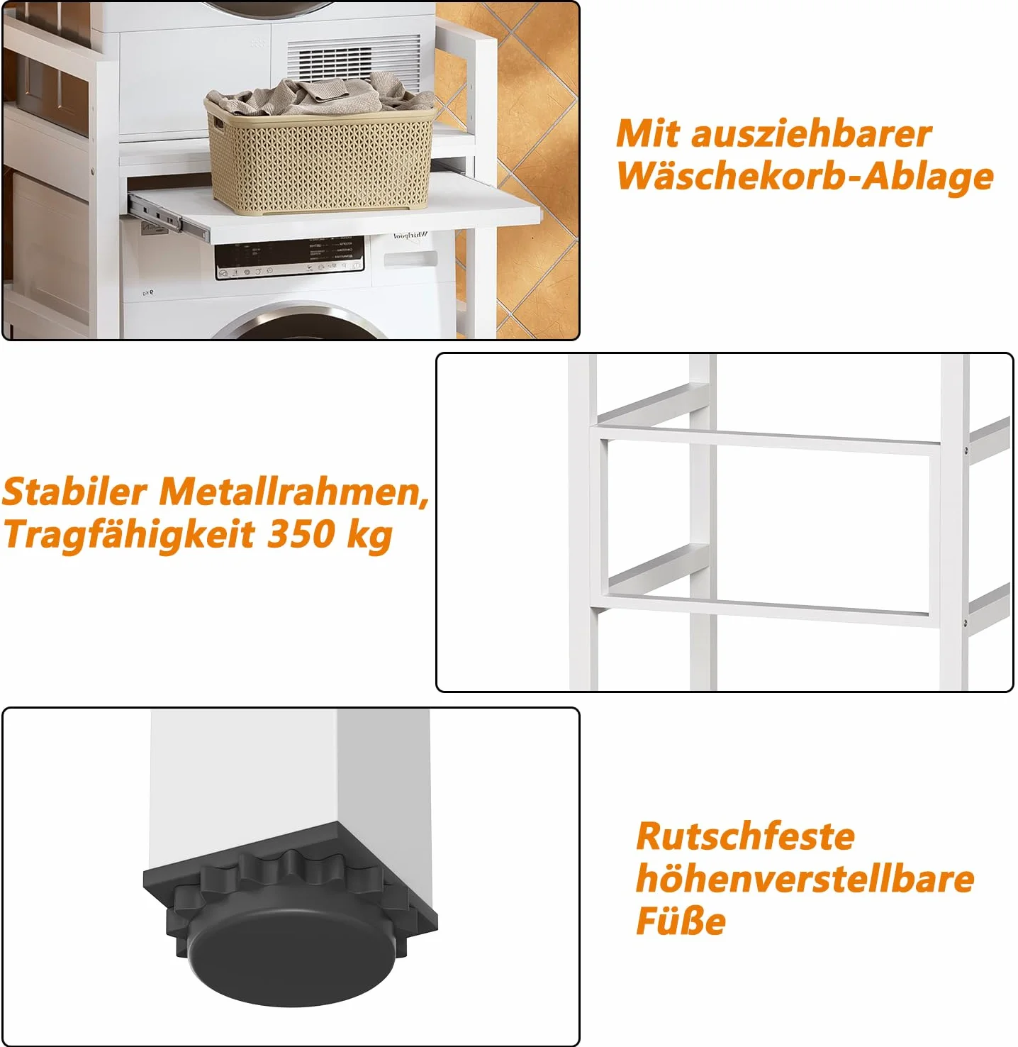MSFE Estantería Lavadora con Tablero de Estante, Soporte de Altura Ajustable para Secadora,Universal Kit de Soporte Secadora sobre Lavadora, Capacidad de Carga 350kg,73*64*115cm,Producto Patentado