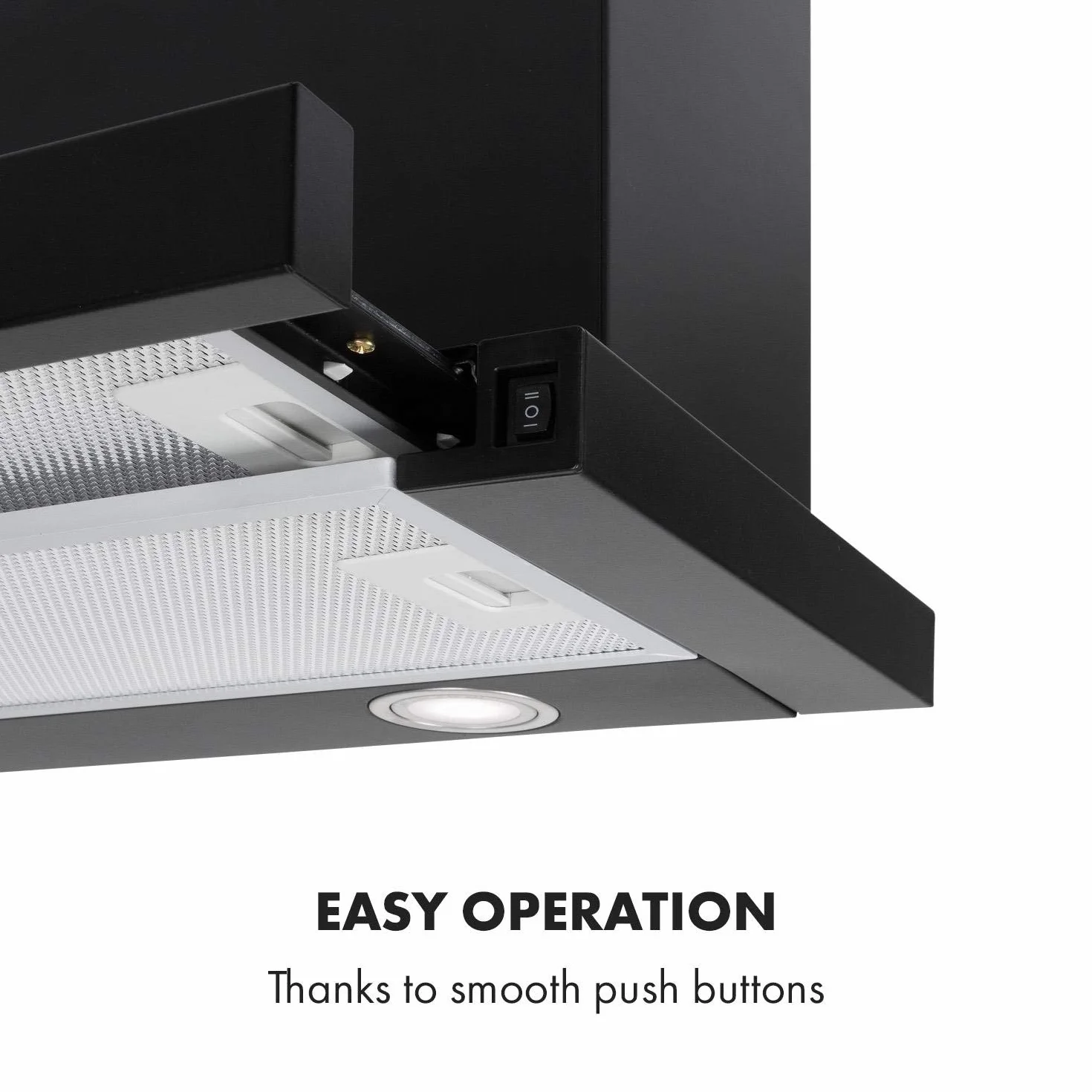 Klarstein Mariana - Extractor de humos plano extraíble, Extracción máx. 500 m³/h, Apto para ventilación y extracción, Potencia 150 W, Iluminación LED, Para montar bajo los muebles, 60 cm, Negro