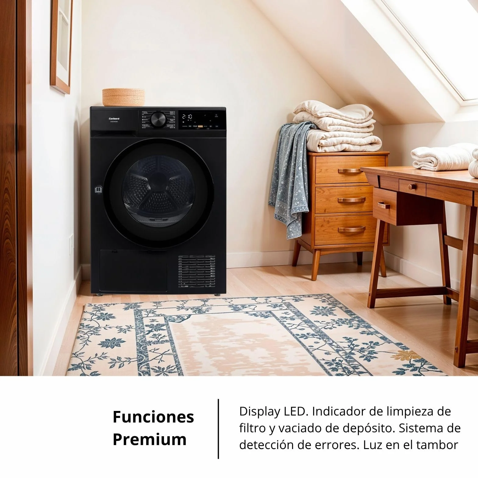 Corberó - Secadora Bomba de Calor Excellence | CSBCM850N | 8 kg | 84,5 x 60 x 59,5 cm | Motor Inverter | 5 Niveles de Secado | Purificación Luz UV | Tambor Inox | 65 dB | Negro | Clase C