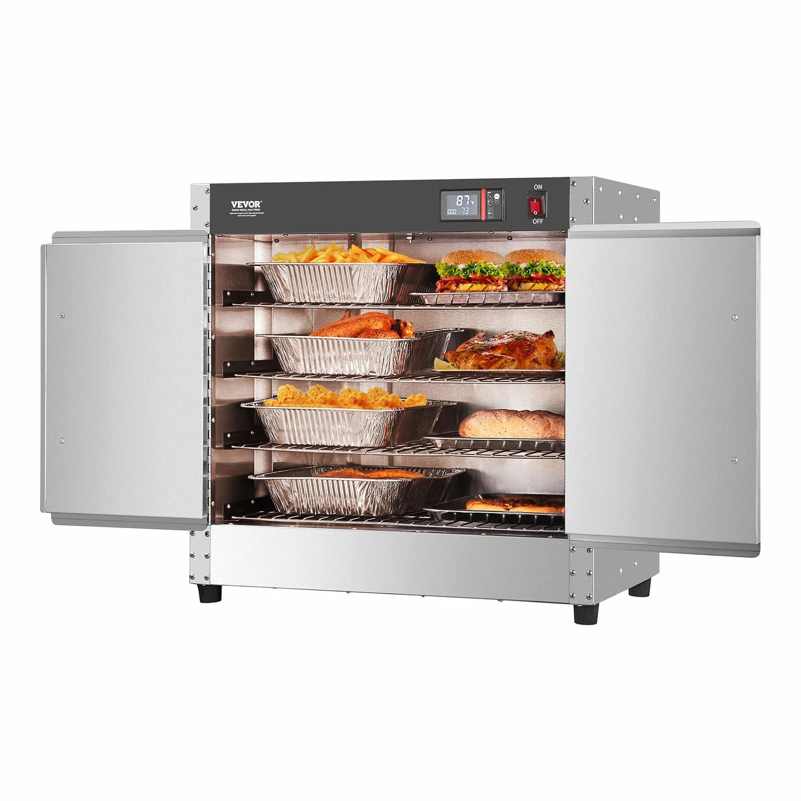 VEVOR Calentador de Alimentos Tipo Caja Caliente, 4 Niveles con Bandeja de Agua, 4 Bandejas, Puerta Doble y Estantes Ajustables, Acero Inoxidable, Ideal para Almacenar Pizza, Pollo, Restaurante, 850 W