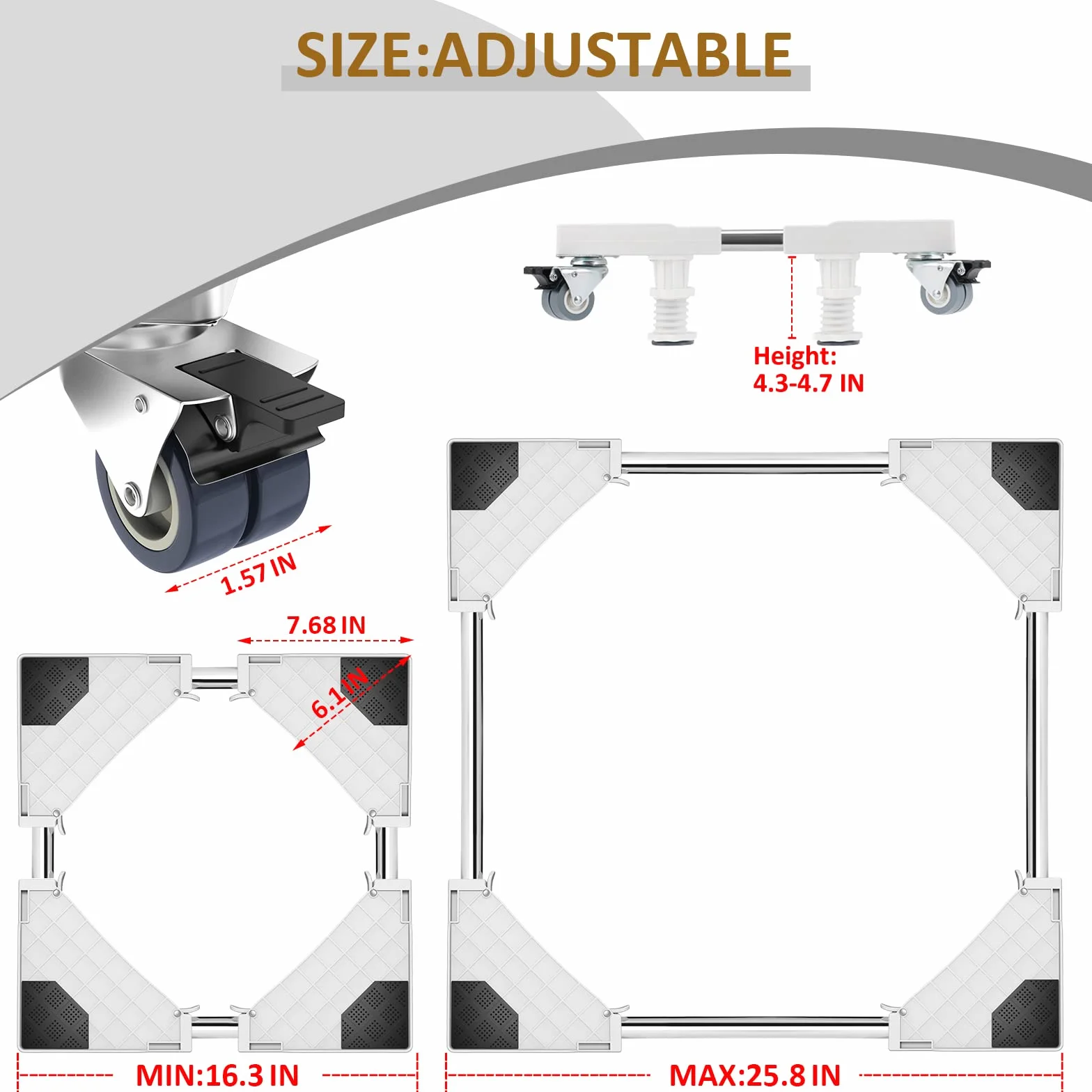 Winzwon Base Lavadora, Ajustable Soporte Lavadora para Nevera Secadora, Movil Electrodomesticos, Largo/Ancho 46,5-68 cm, Altura 11-12 cm(Blanco)