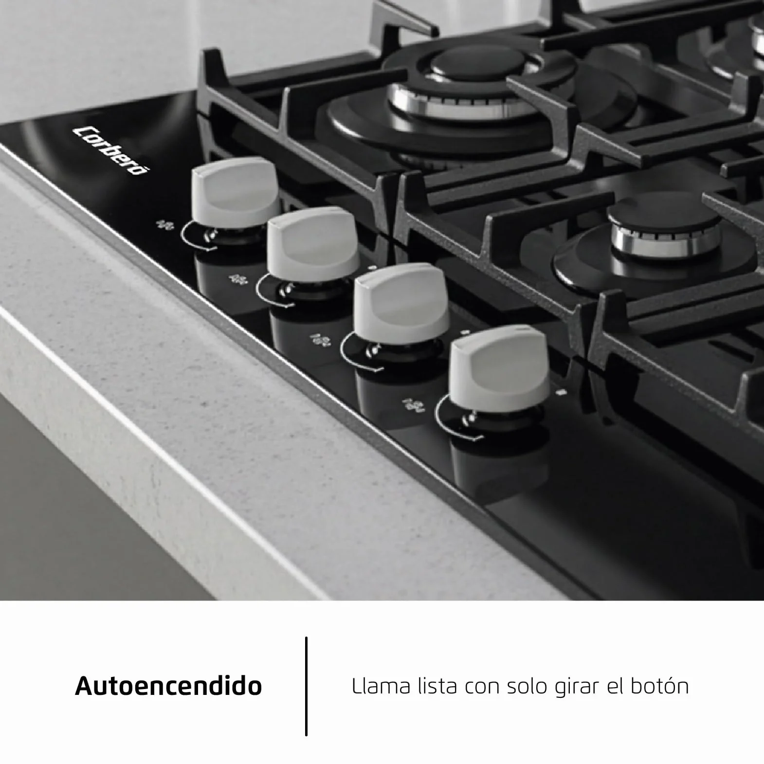 Corberó - Placa Gas Cristal LUX | CPCGM4F4126N | 4 Zonas | Potencia 8.05kW | Autoencendido | Zona WOK | Capa protección Clean + | Desconexión Automática | Cristal Negro