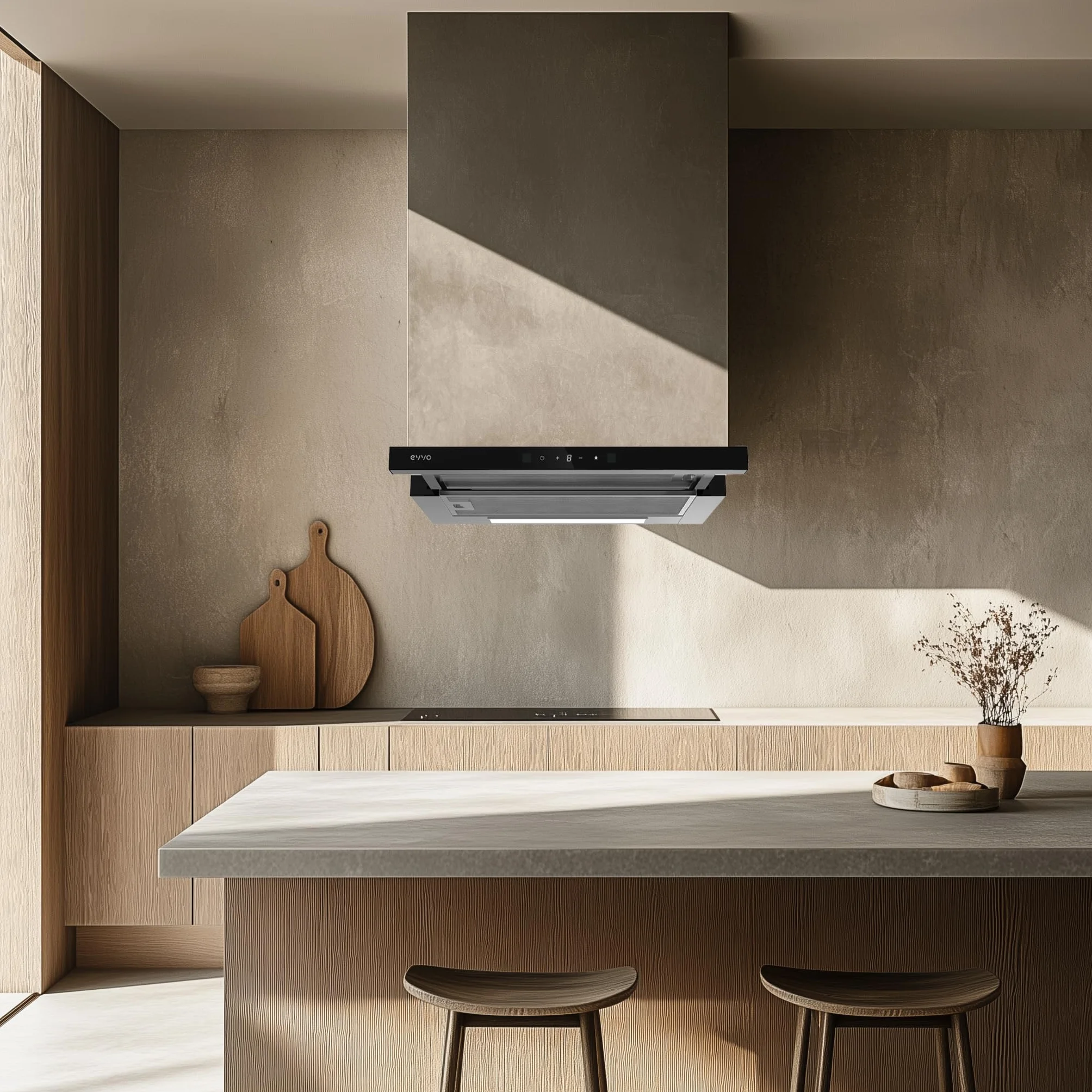 EVVO Campana Extractora 60 cm Telescópica, Potencia 550 m³/h, Luz LED, Filtro Aluminio y Carbon, Control Gestual, Acabado Inox Frontal Cristal Negro, Eficiencia Energética A++, 3 Velocidades