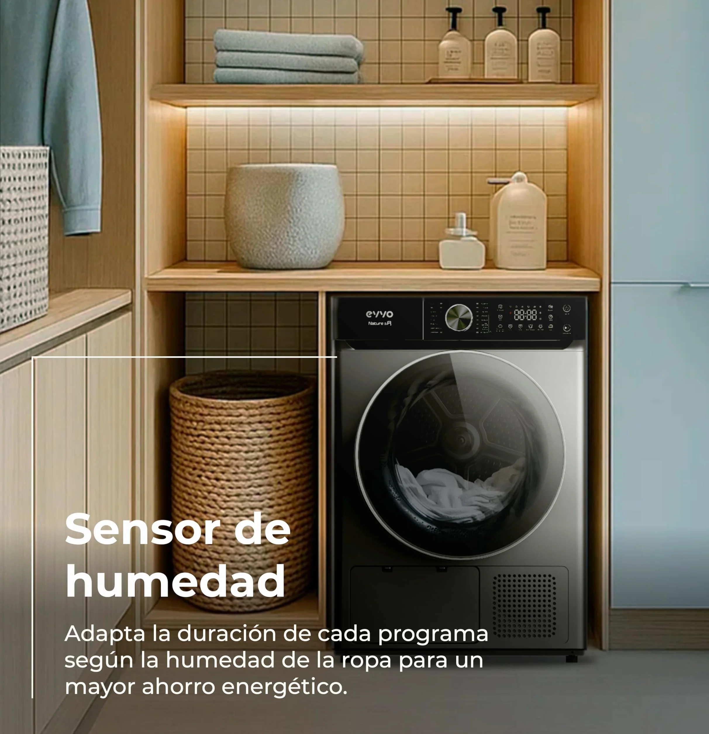 EVVO Secadora Bomba de Calor NATURE SR - Secadora Bomba Calor 10 kg, Eficiencia Energética E, Sensor de Humedad, Antiarrugas, 16 Programas, Inicio Diferido, Airfresh, Bajo Consumo Energético (Inox)