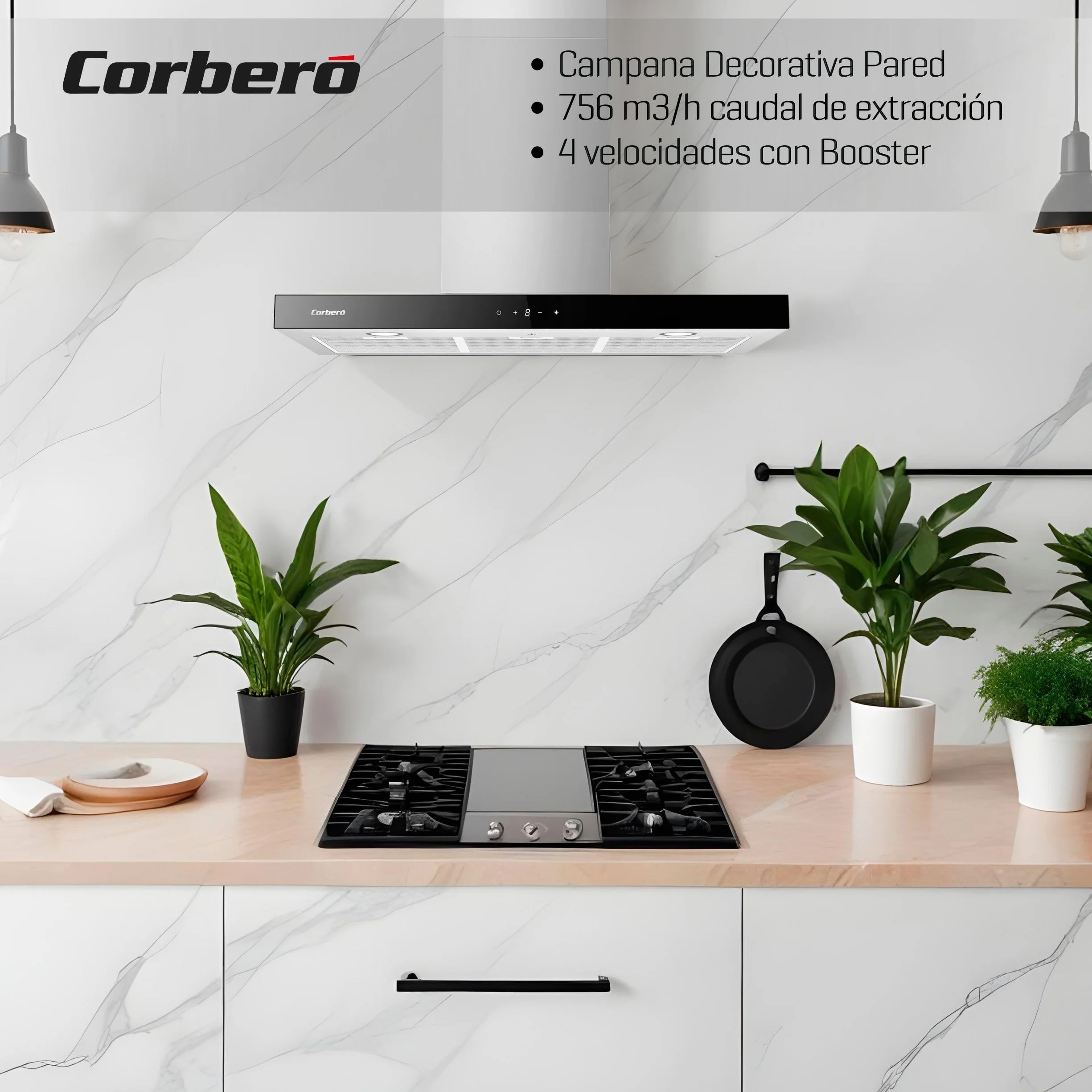 Corberó - Campana Decorativa Horizontal | NANGA975XB | 90 cm | Caudal 750 m3/h, 230W, 3 Velocidades, Filtro Aluminio 3 Capas, Filtro Carbón | Eficiencia Energética A | Negro