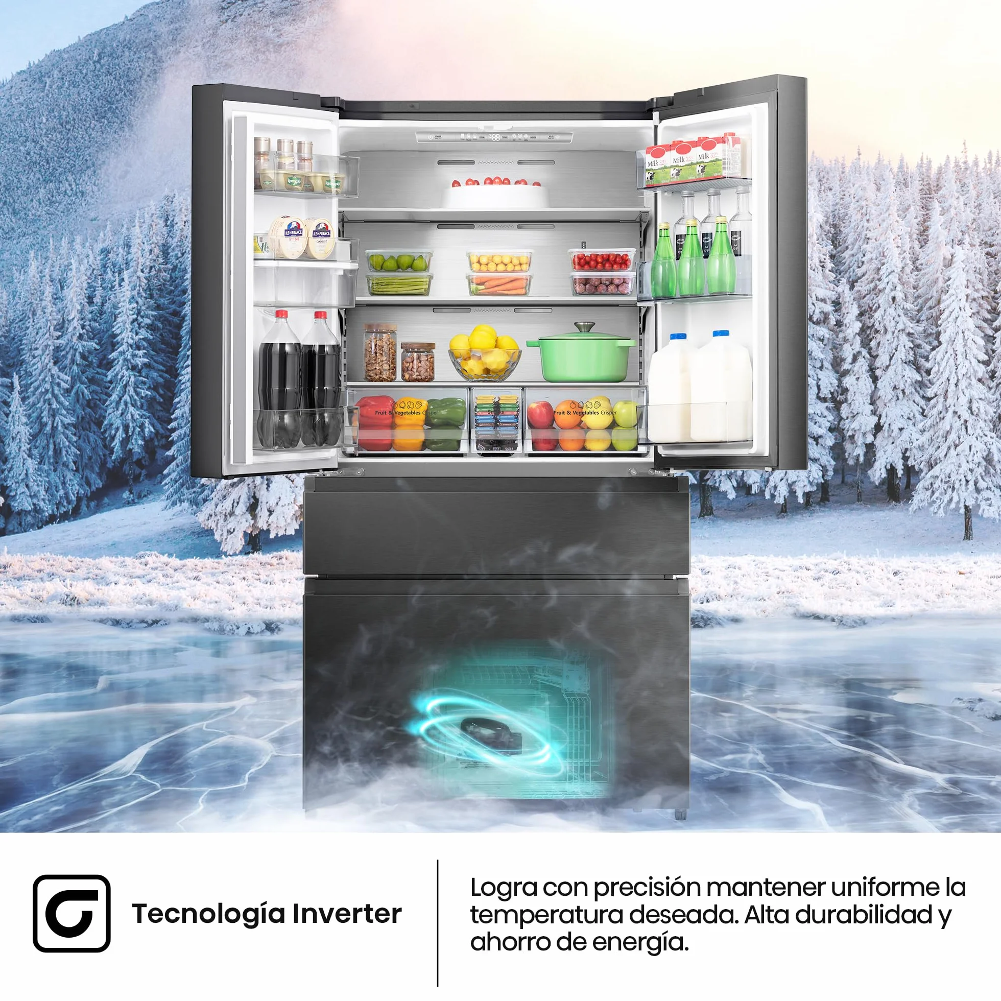 Hisense RF749N4SWFE - Frigorífico Americano Puerta Francesa Total No Frost, 579L,179cm, Metal-Tech Cooling, My Fresh Choice, Multi Airflow, Dispensador Agua con Depósito, Inverter, WiFi, Dark Inox