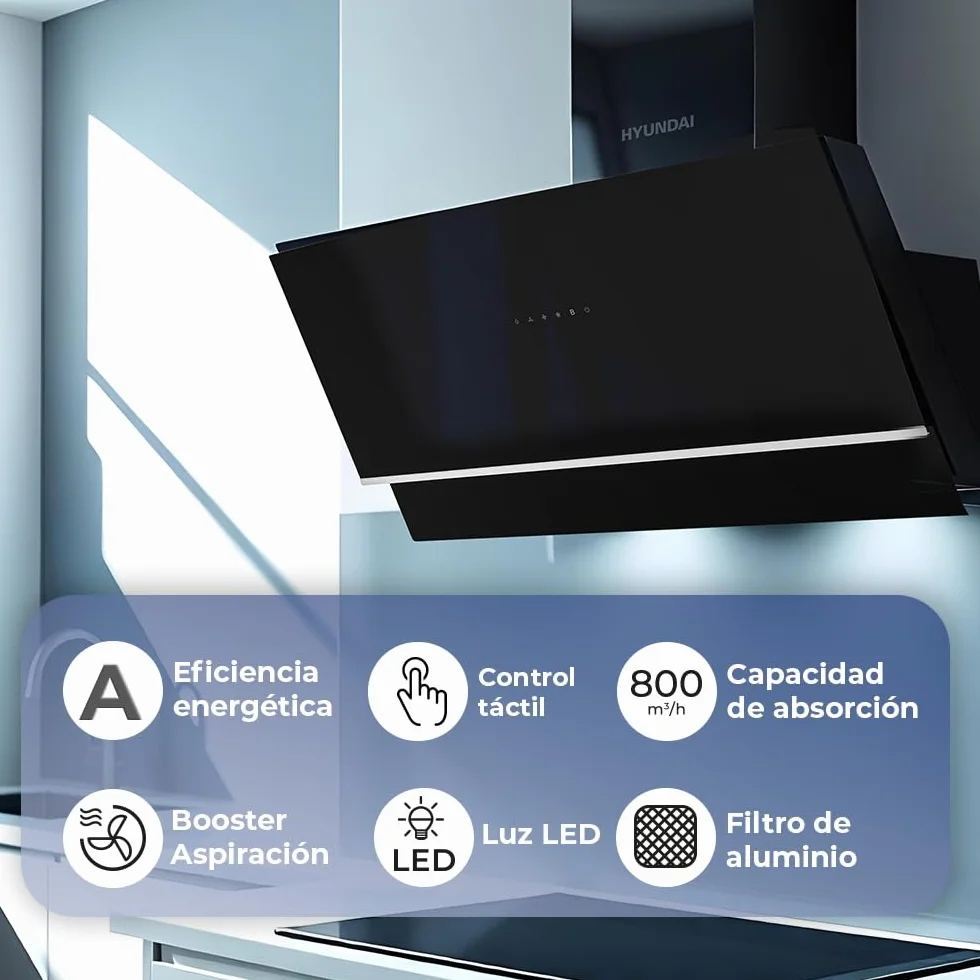 Hyundai Campana Extractora Inclinada 90cm Cristal negro HCPD900AN. Potencia 253m3/h, Tiro Doble, 4 Velocidades, Control Táctil, Filtro apto para Lavavajillas.