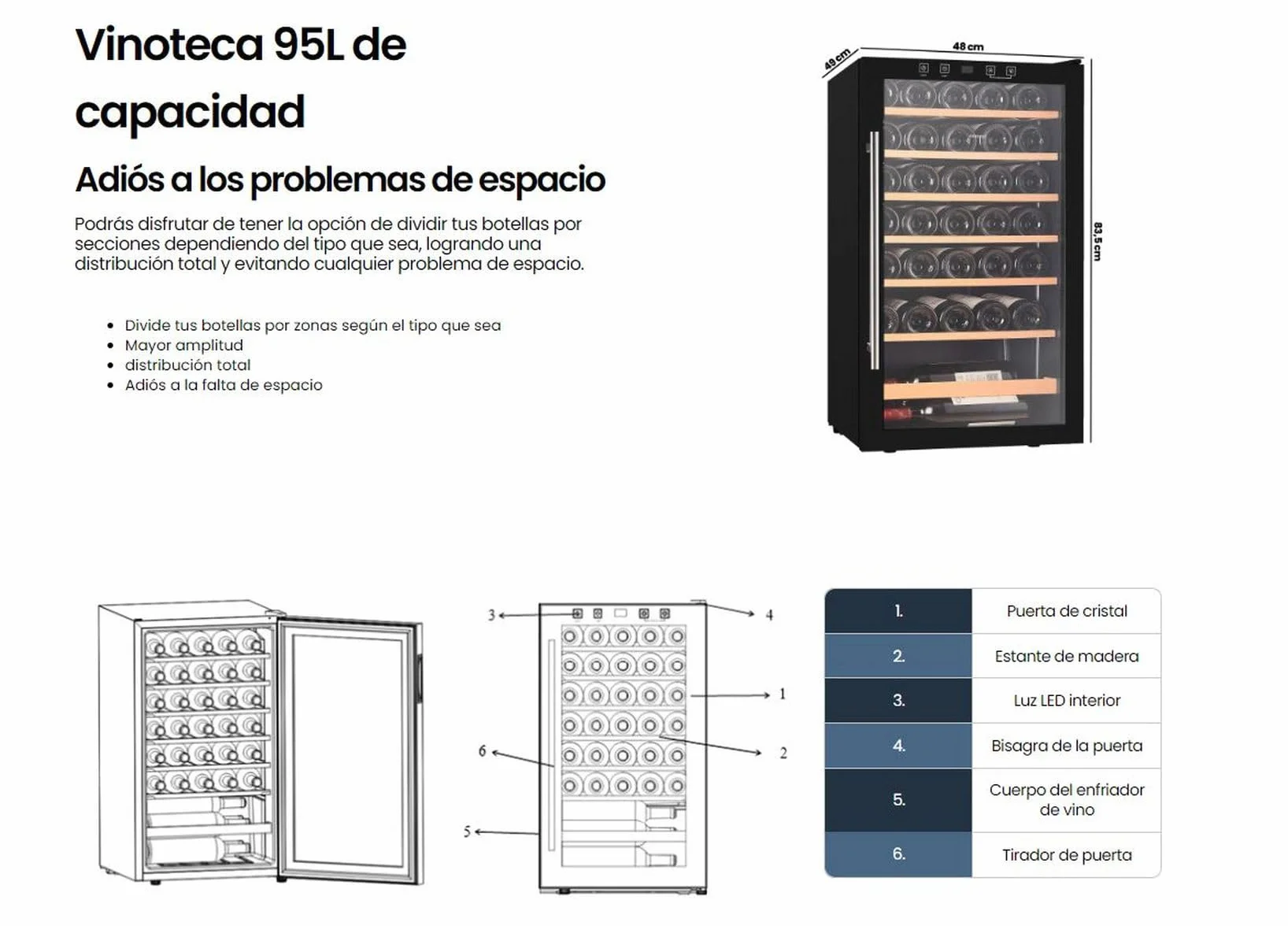 INFINITON Vinoteca WFL-34C, 34 Botellas, Luz LED en el interior, Sistema de enfriamiento No frost, Acabado exterior Crystal BLACK, Tirador exterior de acero inoxidable, G