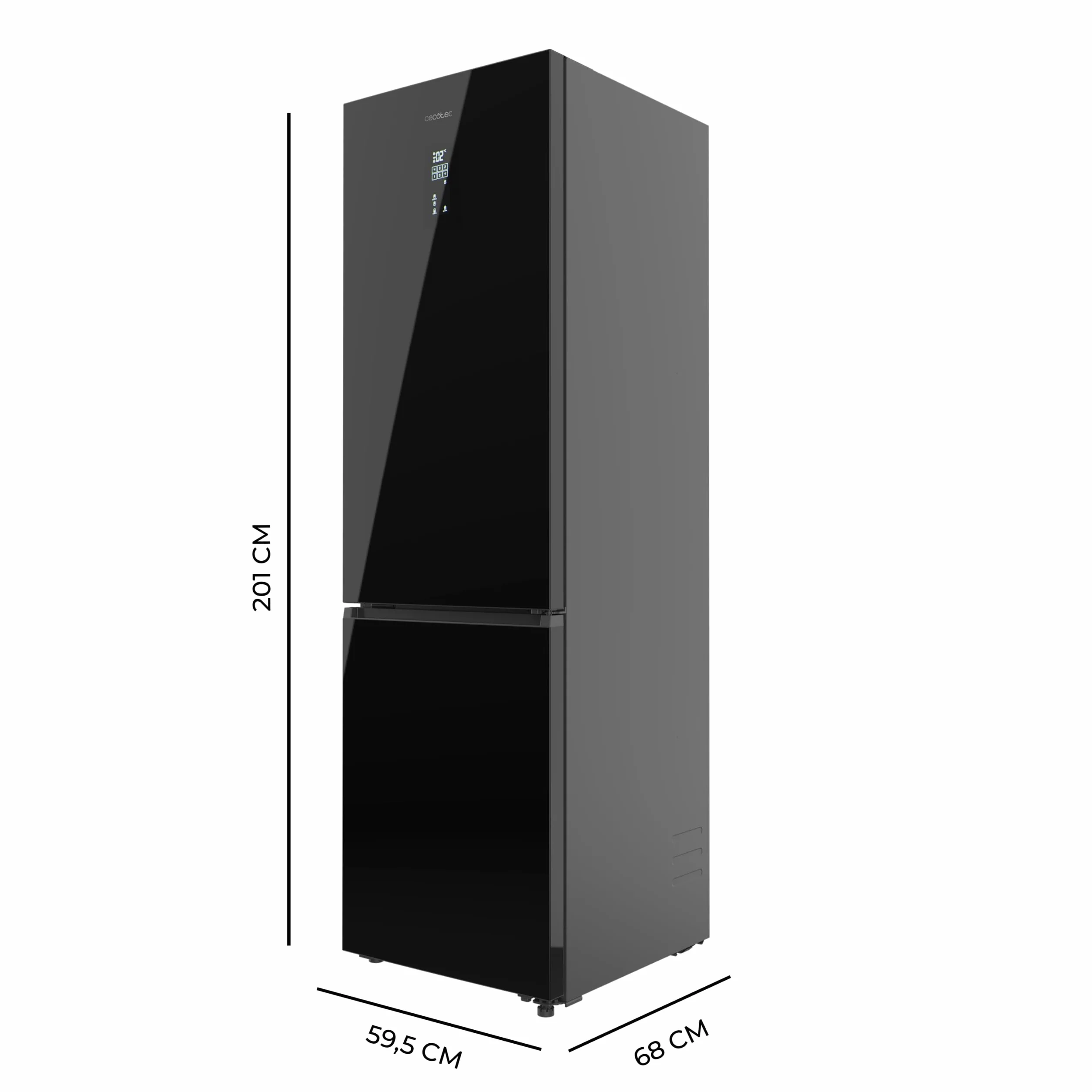 Cecotec Frigorífico Combi Total No Frost Bolero CoolMarket Combi 456 Black Glass E, 456 L, Alto 201 cm y 59,5 cm Ancho, MAX INSIDE con VIP tech, Compresor Inverter Plus, Botellero y Bandejas Cristal