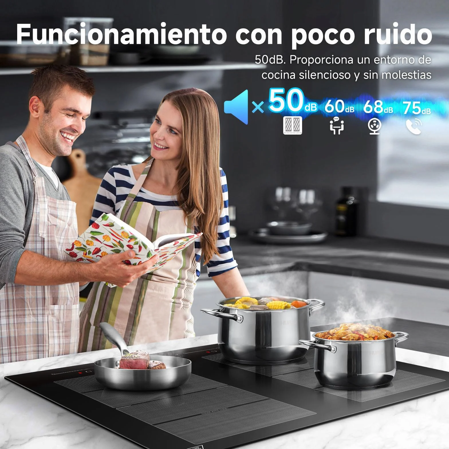 AMZCHEF placa inducción 4 zonas flexibles 7400W 42dB silencioso 9 niveles BBQ