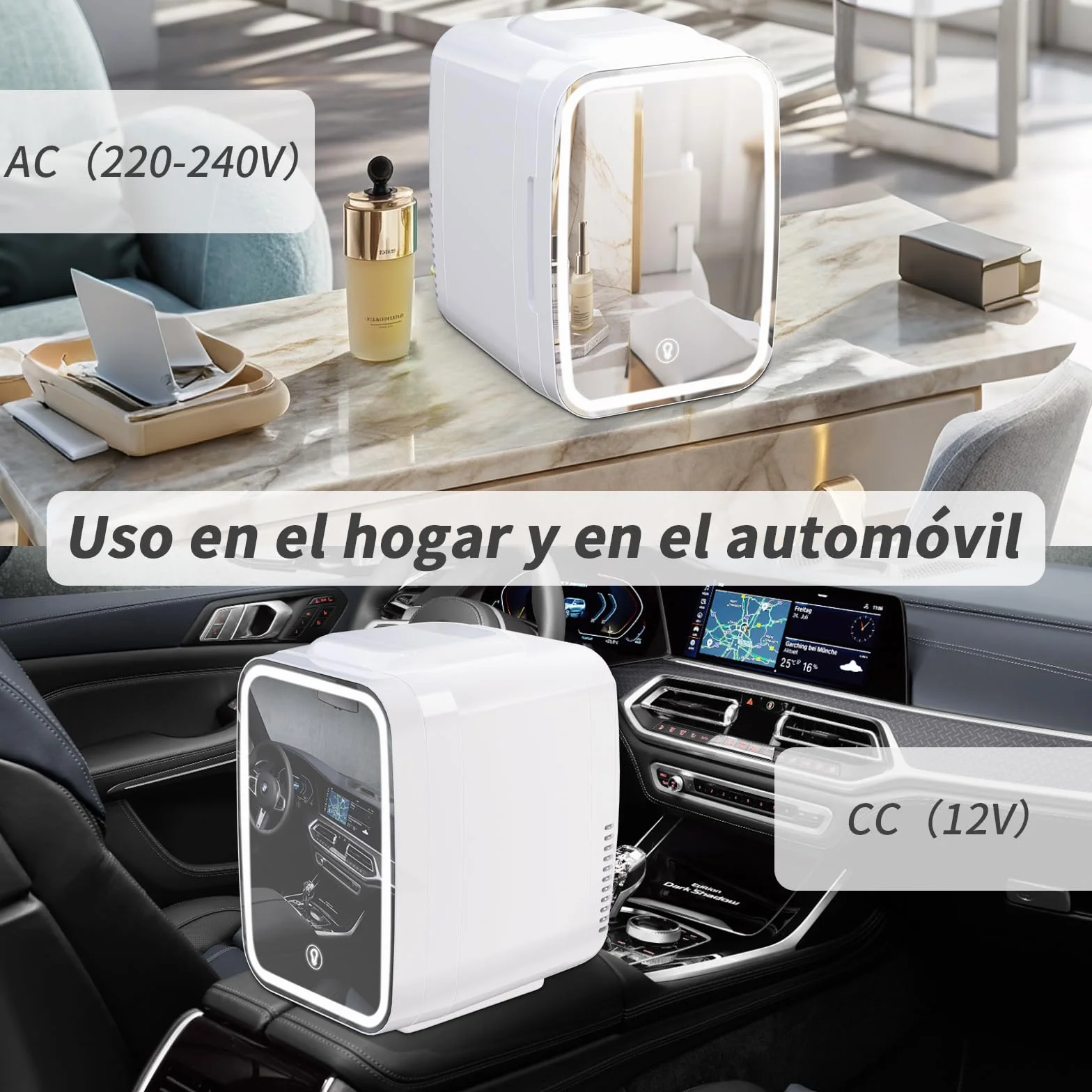 YASHE Mini Nevera para Dormitorio, Skincare Nevera con Espejo LED, Pequeña Nevera de 4L Portátil, Calentador y Enfriador Termoeléctrico 220V AC / 12V DC para Coche, Oficina, Dormitorio (blanca)