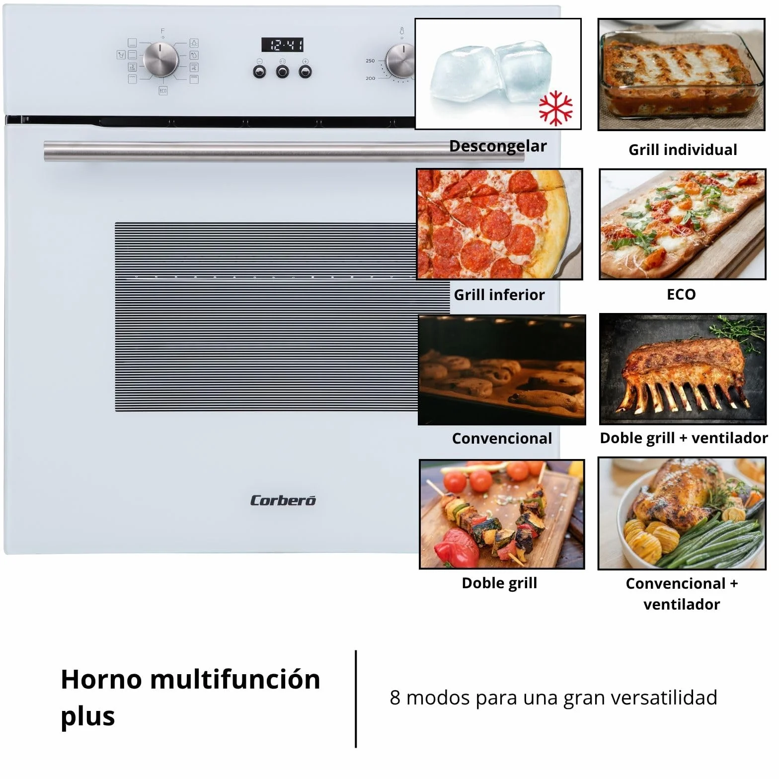 Corberó – Horno Multifunción Plus | CCHMD805W | 59x59x56 cm |70L | 8 Programas | Display Digital | Función Hidrólisis | 3000W | Doble Cristal | Guías Extraíbles | Cristal Blanco