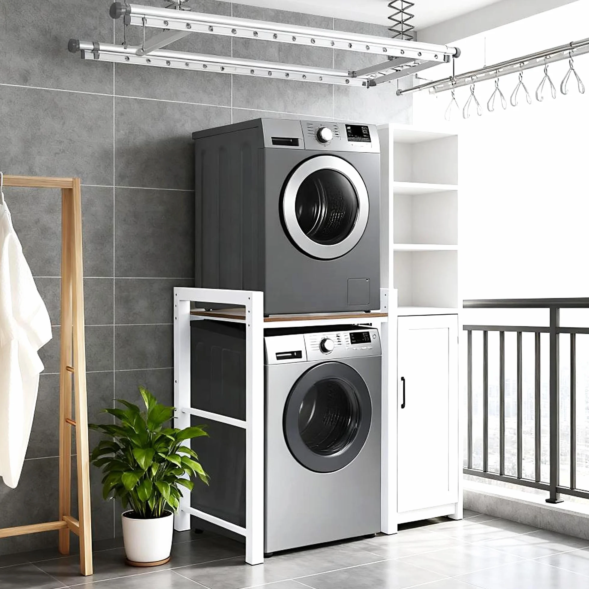 Mueble para Lavadora, Mueble para Lavadora y Secadora - Carga 350kg, Soporte Secadora Sobre Lavadoras - Ajuste de Altura de 3 Niveles, Armario Lavadoras Secadoras para Baño Balcón Lavandería (Blanco)