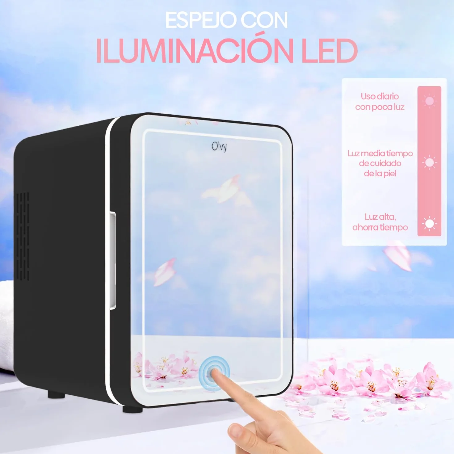 Olvy Mini Nevera Cosmética de 4 Litros, Frigorífico Portátil con Espejo LED, Mini Frigorífico para Cuidado de la Piel, Enfría y Calienta, para Dormitorio, Negro