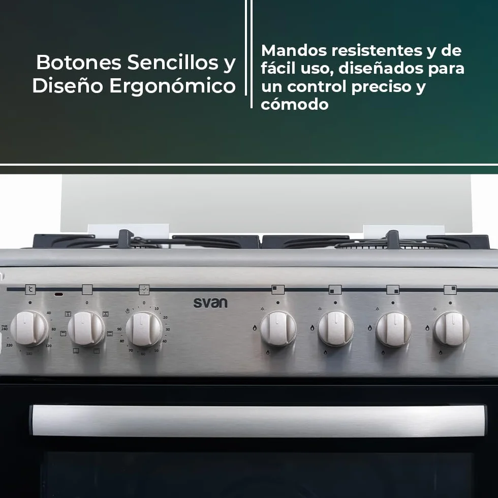 Svan Cocina Mixta gas Butano 4 Zonas Inox SKMW4600X. Quemador WOK triple llama, Kit Conversión Gas Natural, Acabado en Inox