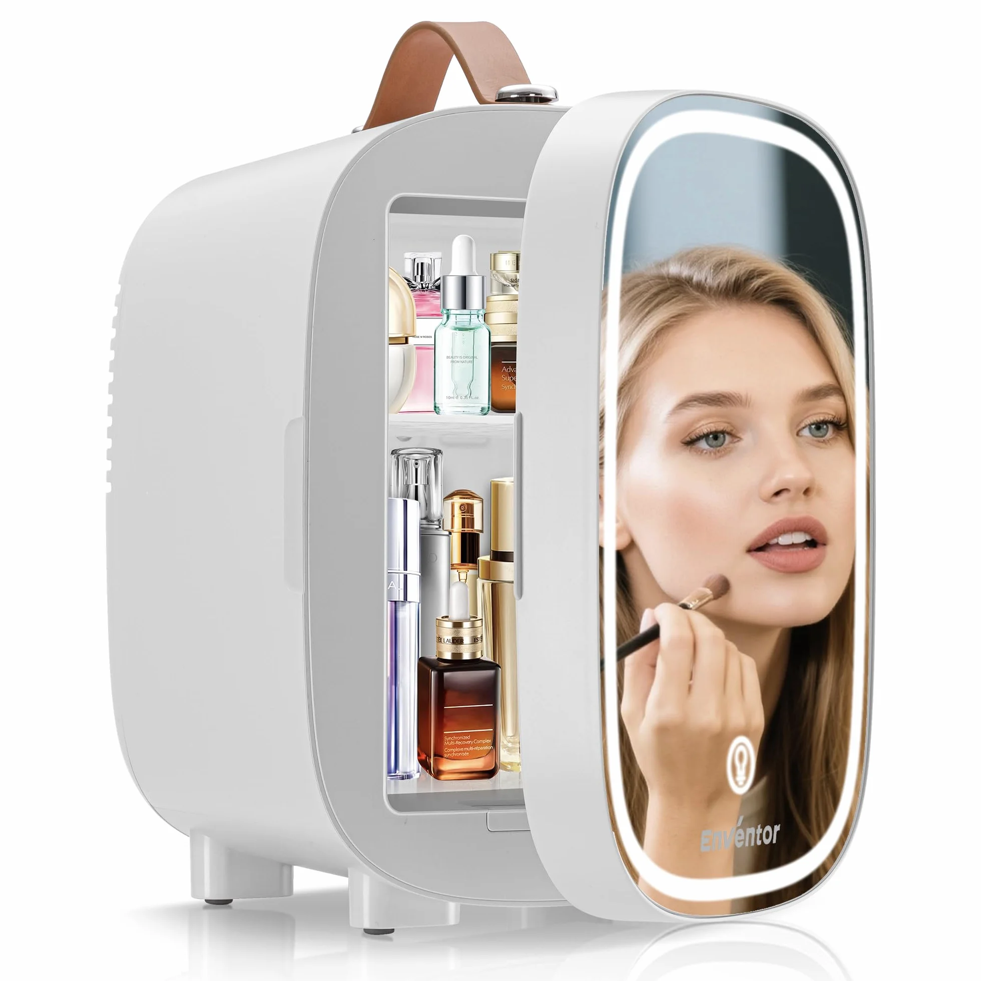 Enventor 4L 6 Latas Nevera Pequeña Blanco, Mini Frigorifico con Enfriador y Calentador, Espejo con Luz LED Regulable, Alimentación Dual, Mini Nevera para Habitacion, Oficina y Coche