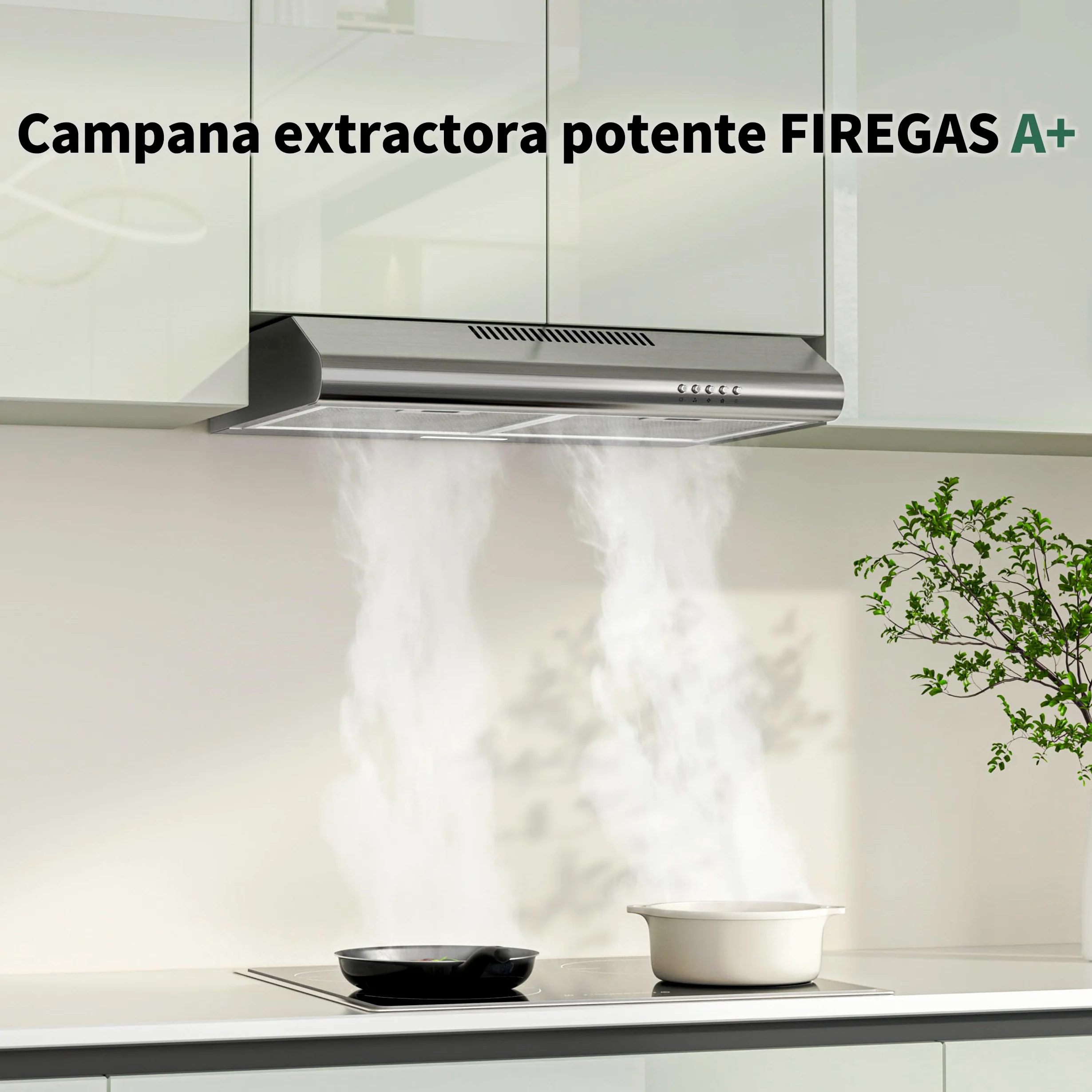 FIREGAS Campana Extractora 60 cm de Acero Inoxidable, 250 m³/h, Motor sin Escobillas, Clase A+, 3 Velocidades, LED 2 W, Extracción o Recirculación