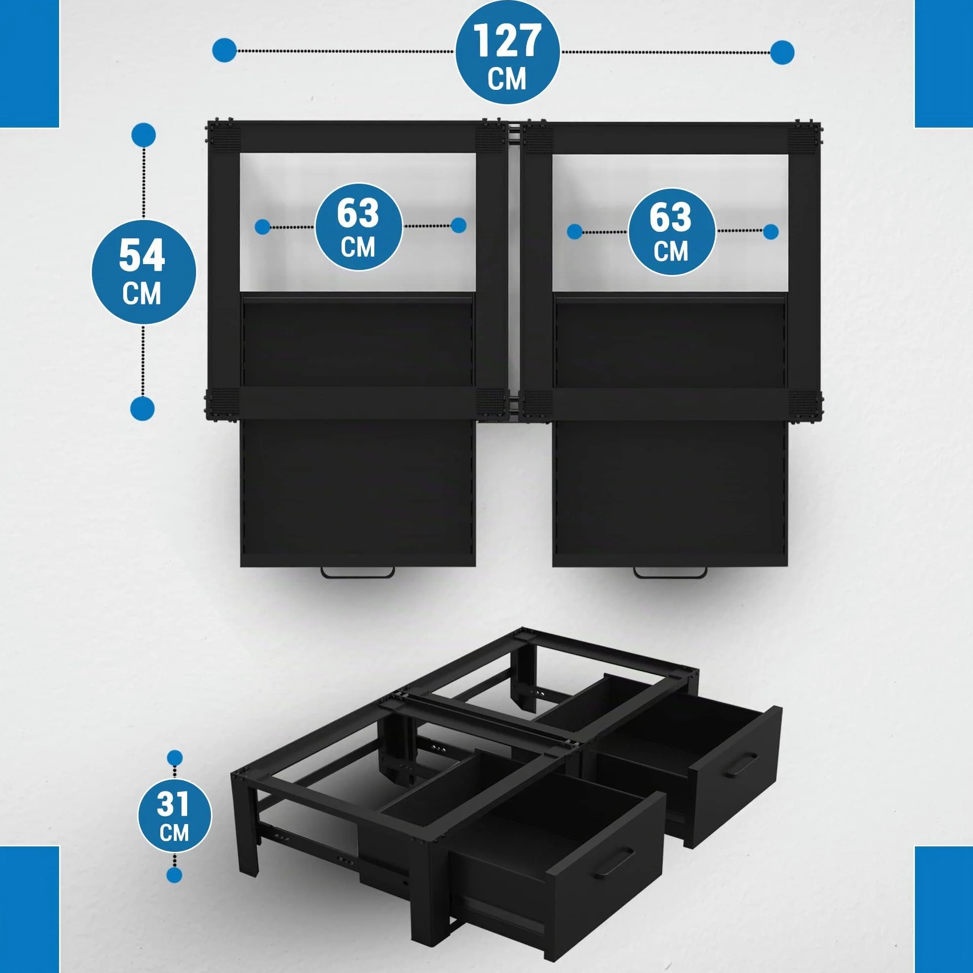 Vonia Lavadora Elevador con 2 Cajones - Base para Lavadora 127 x 54 x 31 cm hasta 200 kg - Pedestal para Lavadora Acero Aluminio Negro