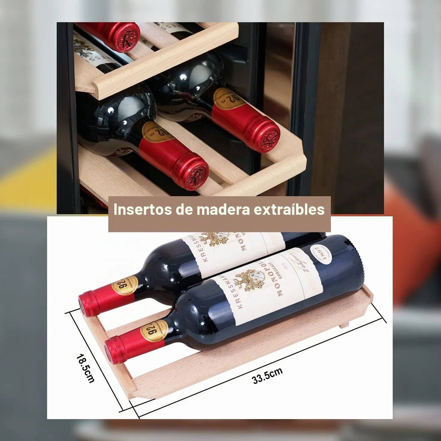 Kalamera Nevera pequeña para vino, 5 – 18 °C, compresor, 12 botellas, almohadillas de madera extraíbles, 35 litros, KRC-35FCSS Vinoteca