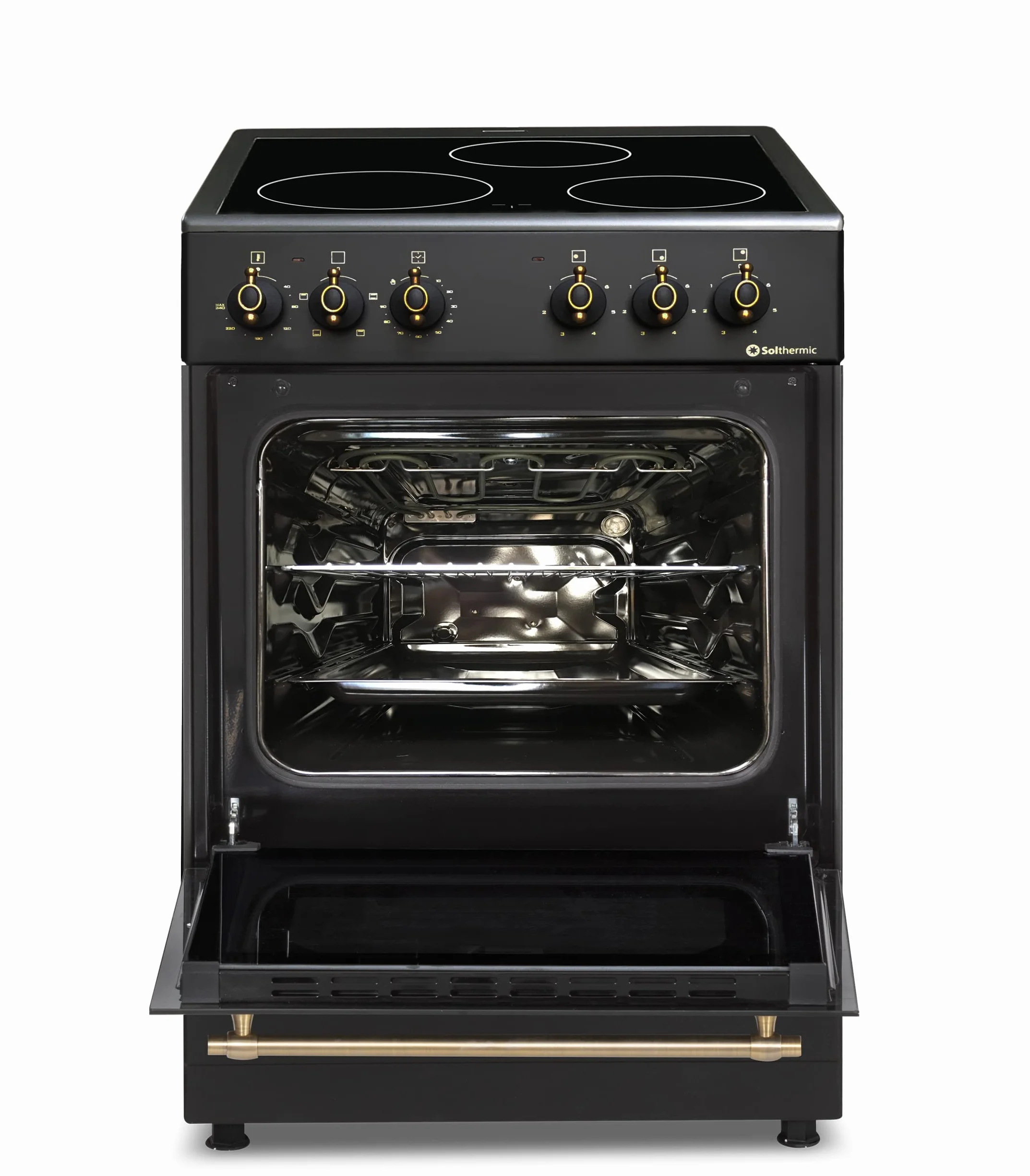 COCINA VITROCERÁMICA VTC50NEGRA CON HORNO ELECTRICO SOLTHERMIC NEGRA RÚSTICA ACABADOS DORADOS/50 CM ancho, 3 FUEGOS/HORNO ELECTRICO