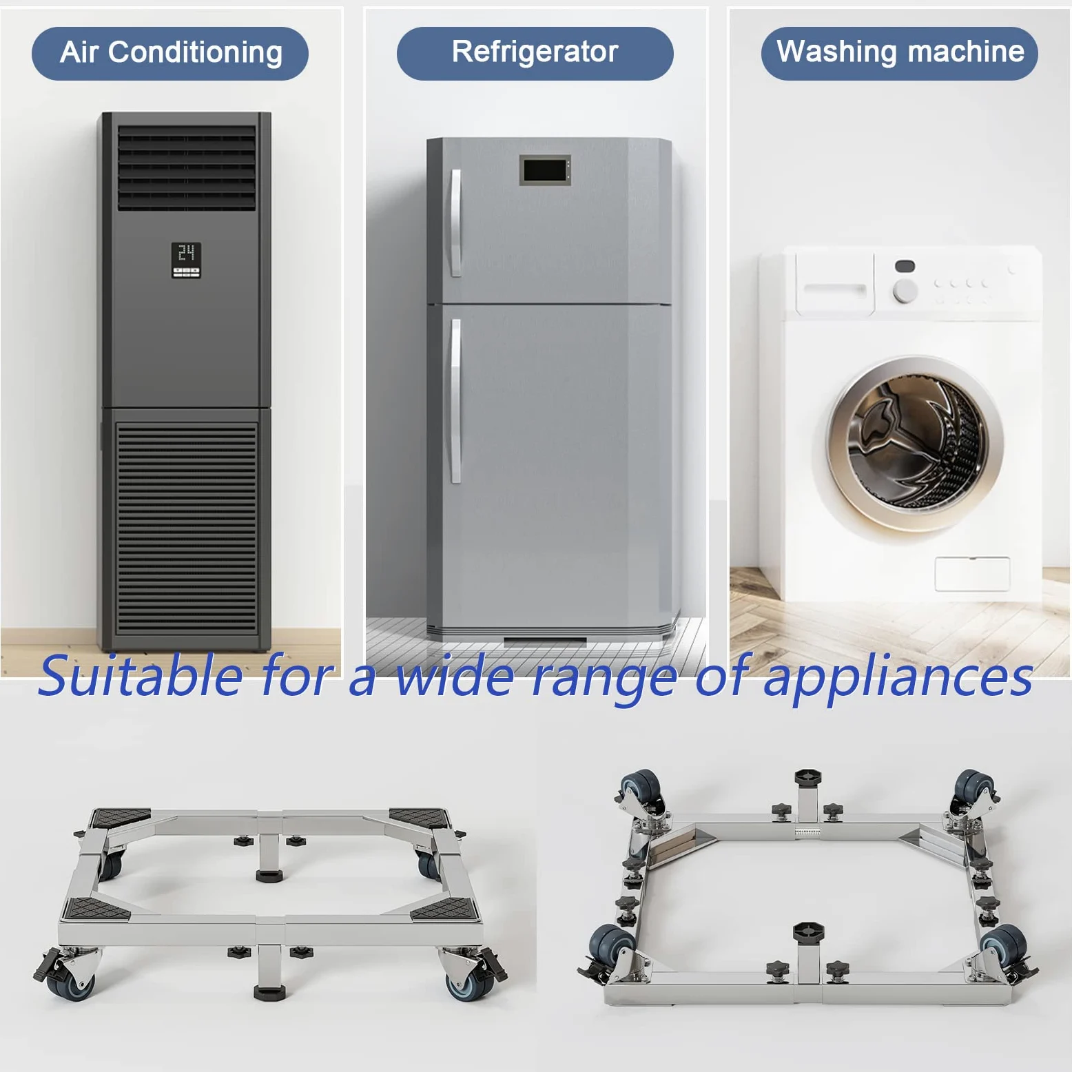 Chinchilla Base móvil de acero inoxidable resistente para nevera, soporte de lavadora con ruedas, plataforma ajustable para lavadora, nevera y secadora (grande