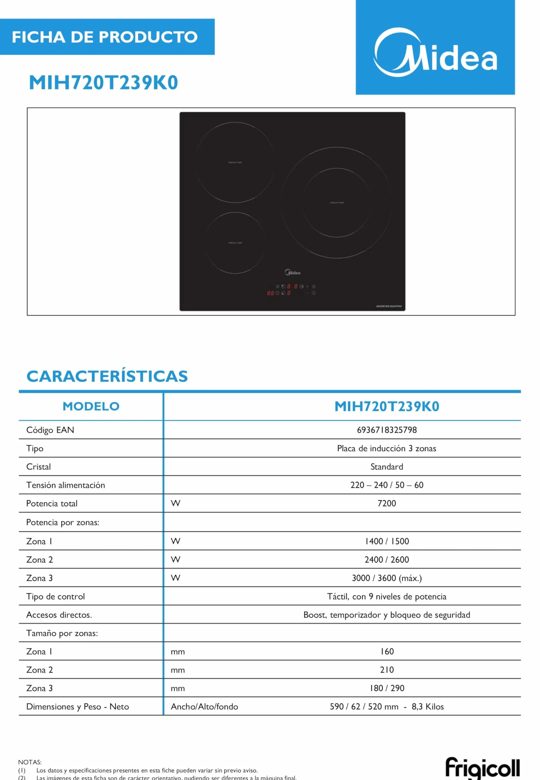 MIDEA Placa Inducción 3 fuegos 60 cm 7200 W - Vitroceramica Induccion Integrada con Panel de control tactil, Inverter quattro, 9 Niveles de Potencia, Booster, Indicador de Luz, y Temporizador.