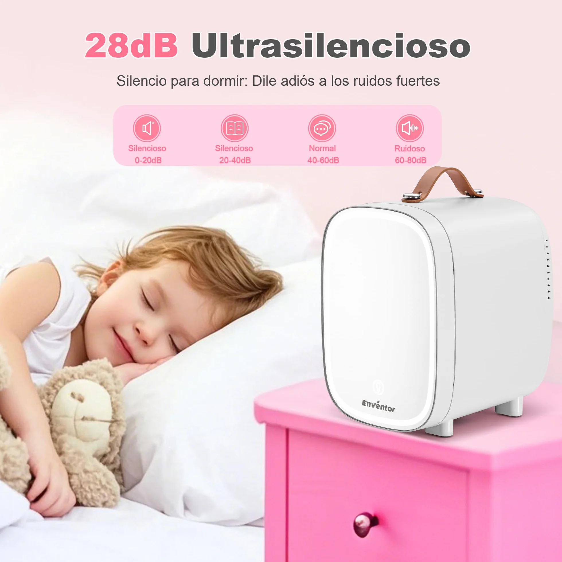 Enventor 4L 6 Latas Nevera Pequeña Blanco, Mini Frigorifico con Enfriador y Calentador, Espejo con Luz LED Regulable, Alimentación Dual, Mini Nevera para Habitacion, Oficina y Coche