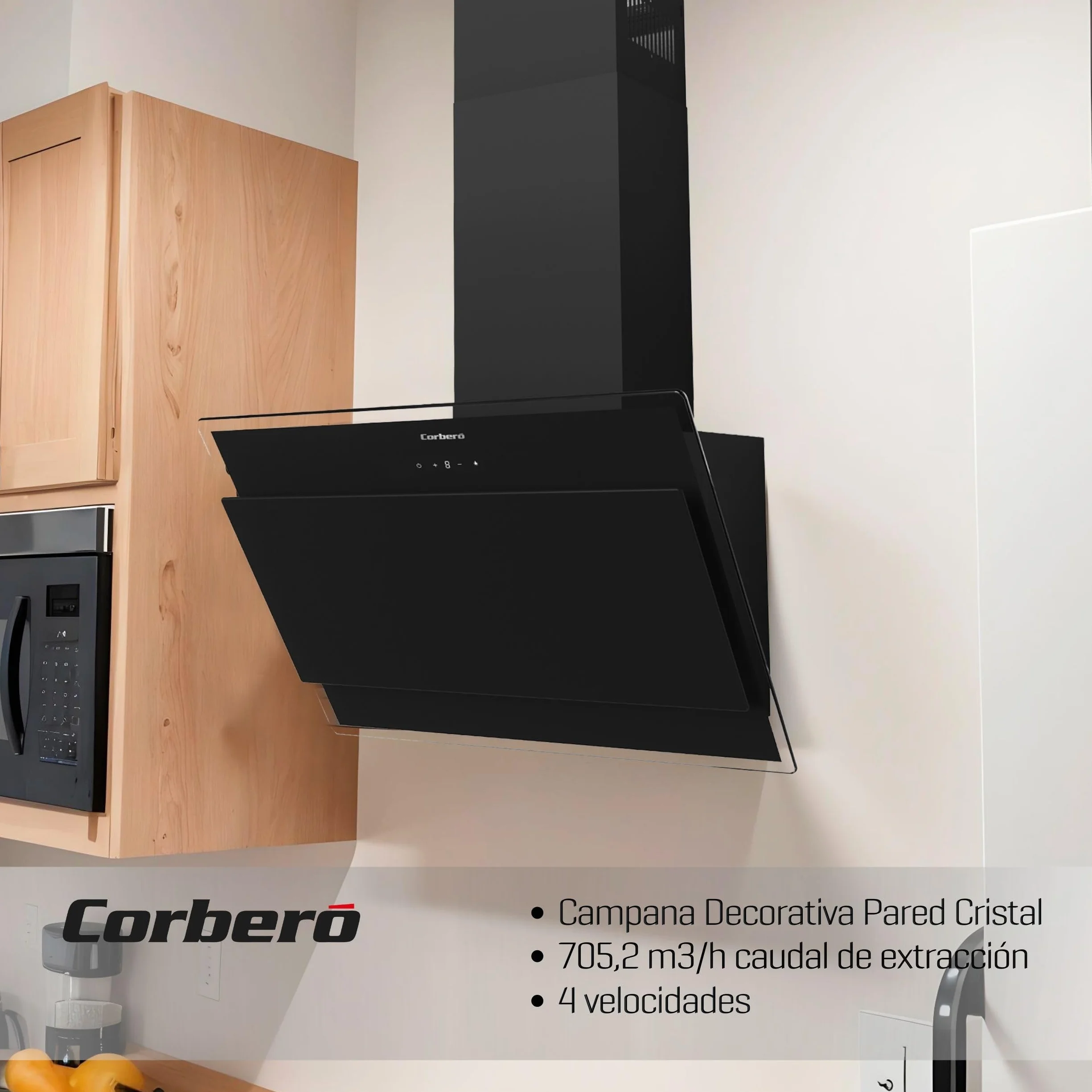 Corbero - Campana Extractora 60 cm | ONEGA675B | 705.2 m3/h | 66db| 230W | 4 Velocidades | Control Tactil| Vidrio Templado | 1 Filtro Aluminio + 1 Filtro Carbón | Blanco