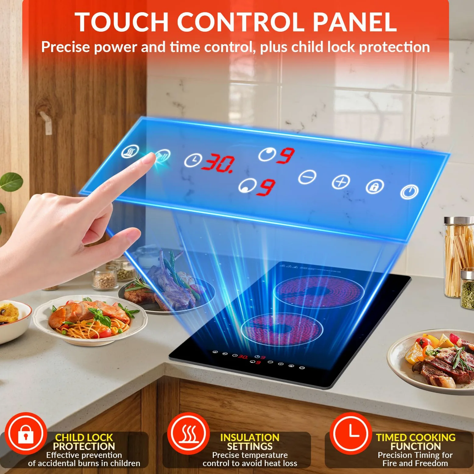 Placa Vitrocerámica 2 Fuegos, 3000W Vitroceramica con Controles táctiles y 9 Niveles de Potencia, Sistema Keep warm, Control Seguridad niños