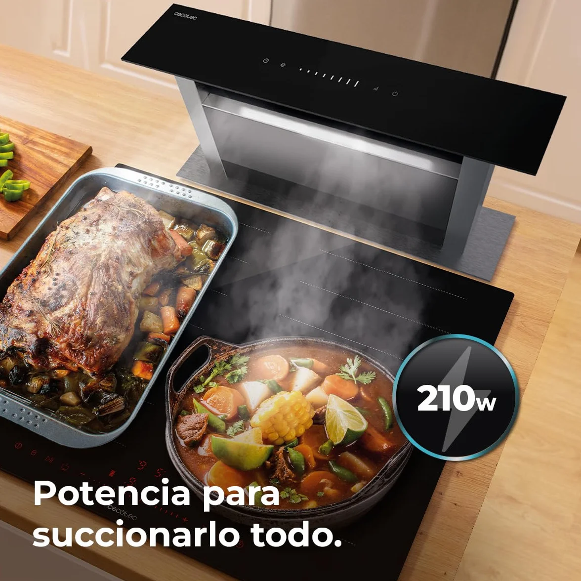 Cecotec Campana Extractora de Encimera 90m Bolero Flux ET 908000 Glass Black A++. 210W, Succión 800m3/h, 8 Velocidades, Slider Touch Control, Filtro Carbono, Acabado en Cristal Negro