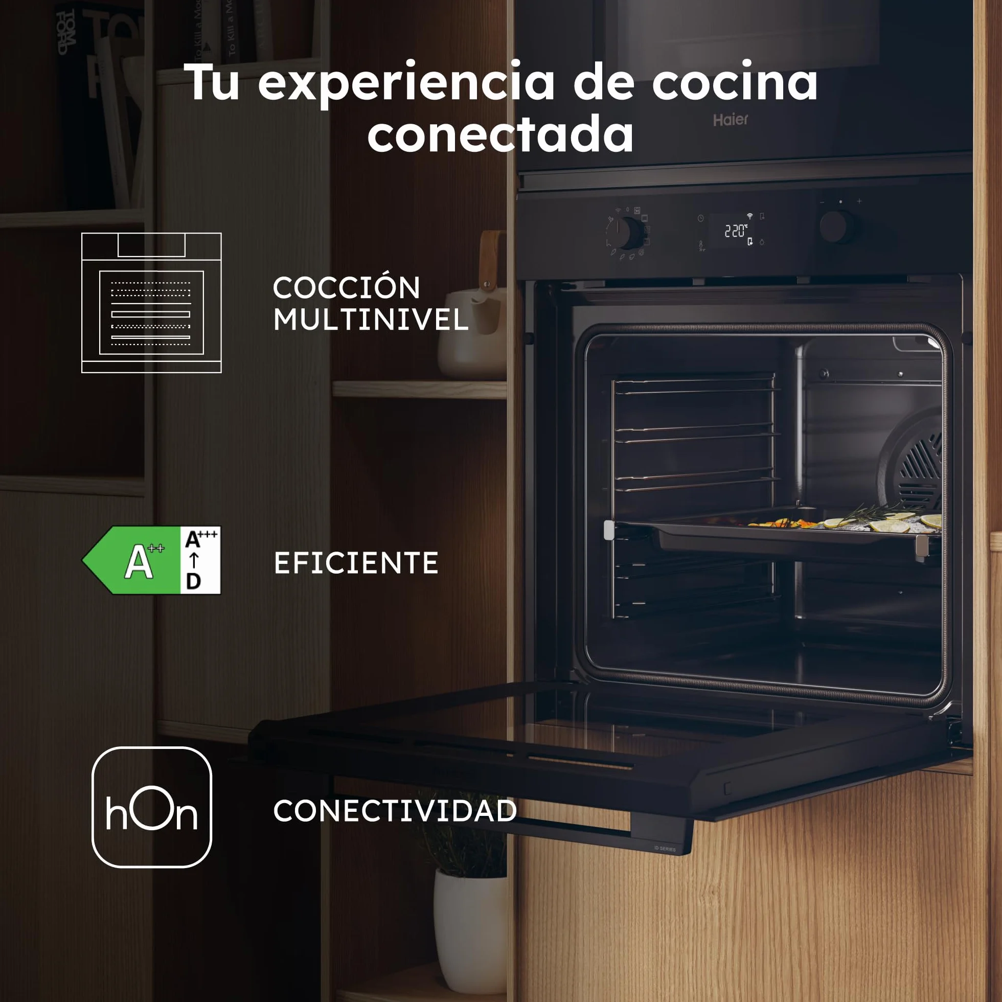 Haier ID Series 2 H6 ID2P5B3YTB - Horno Multifunción Pirolítico e Hidrolítico, Conectividad WIFI, 78L, Cocción multinivel, 12 Funciones, Display táctil y Mandos giratorios, Guía Telescópica, Negro