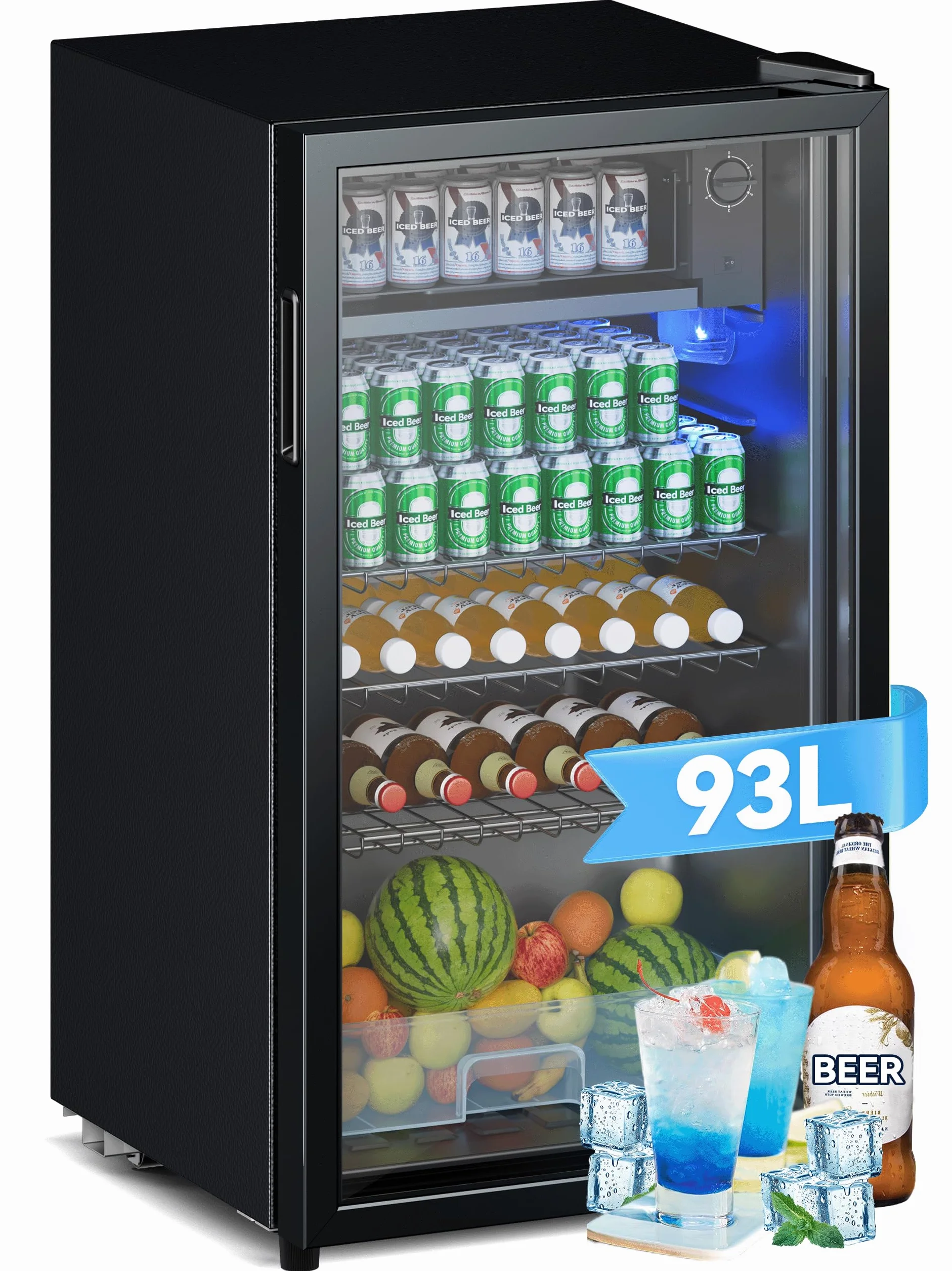 Devoko Frigorífico de Bebidas 93L con Puerta de Cristal e Iluminación LED Interior Estante de altura ajustable, diseño compacto para refrescos, cerveza y vino. Ideal para hogar y oficina.
