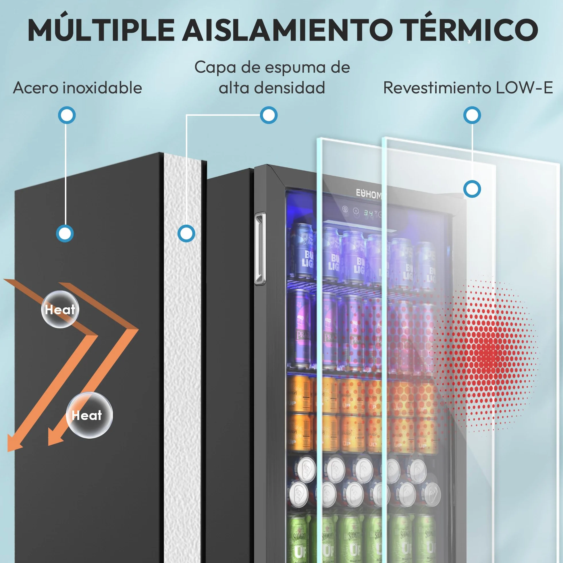 EUHOMY Refrigerador de bebidas, mini nevera para 126 latas con puerta de cristal, nevera pequeña con estantes ajustables para limonada, cerveza o vino, para el hogar/bar/oficina,