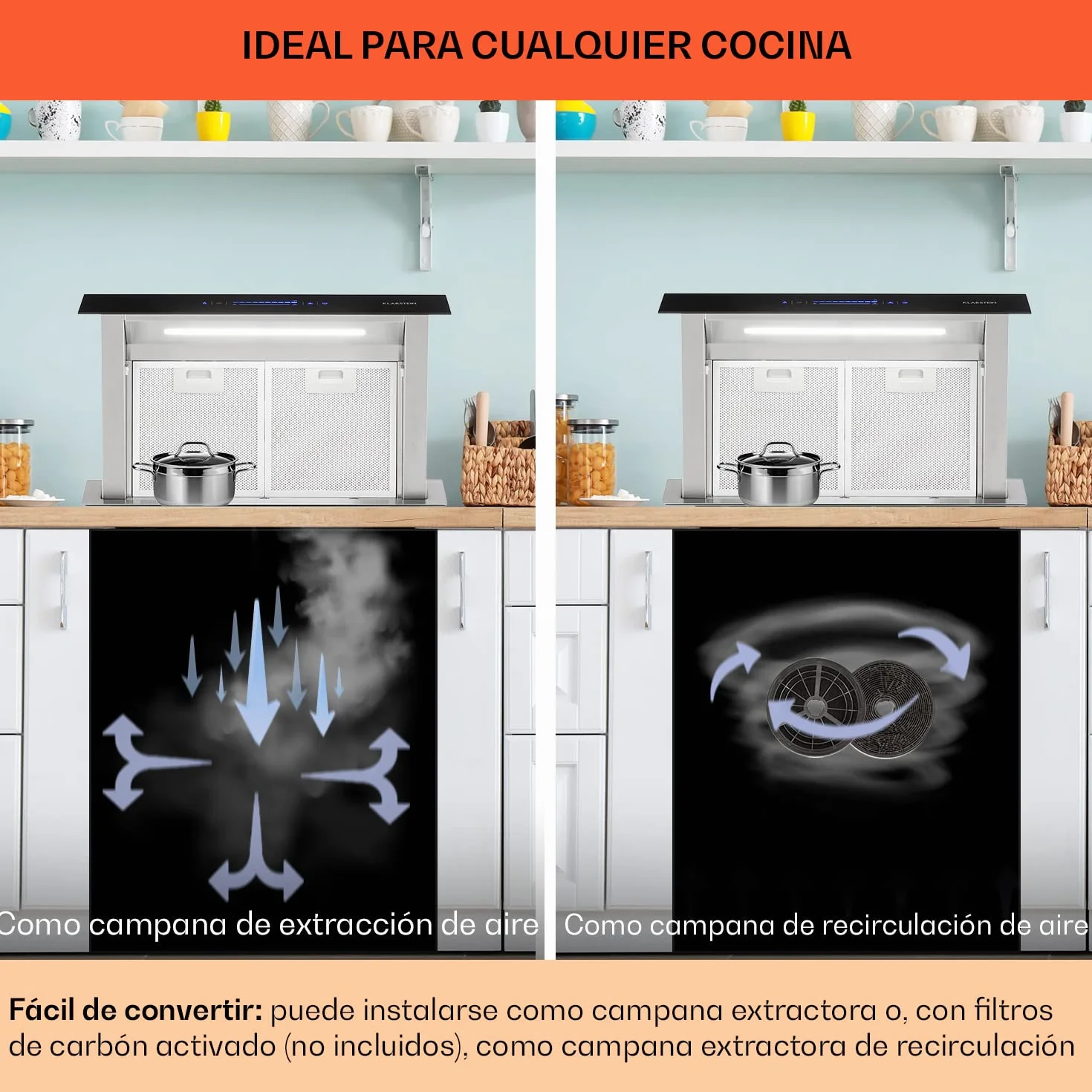 Klarstein Campana Extractora 60 cm - A++ Eficiencia Energética, 576 M³/H De Caudal De Aire, 51 dB, Touch-To-Slide, Acero Inoxidable & Vidrio, Iluminación Led, Diseño Retráctil, Extractor Cocina
