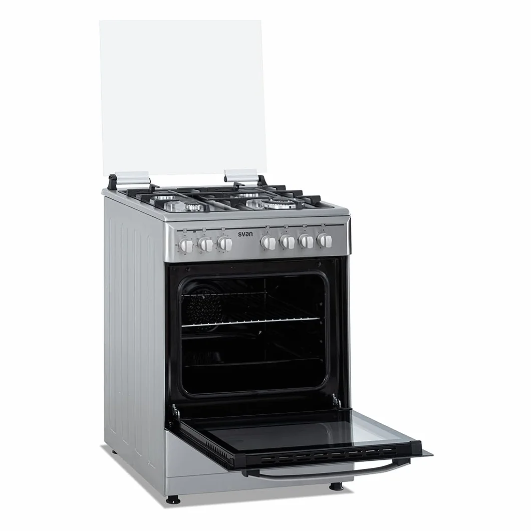 Svan Cocina Mixta Gas Butano, 4 Zonas de Cocción, Horno 56 L, Inox, SKMW4601X. Control Manual, Quemador WOK Triple Llama, 6 Programas de Cocción, Compartimento Bombona, Cristal en Puerta Doble Capa, T