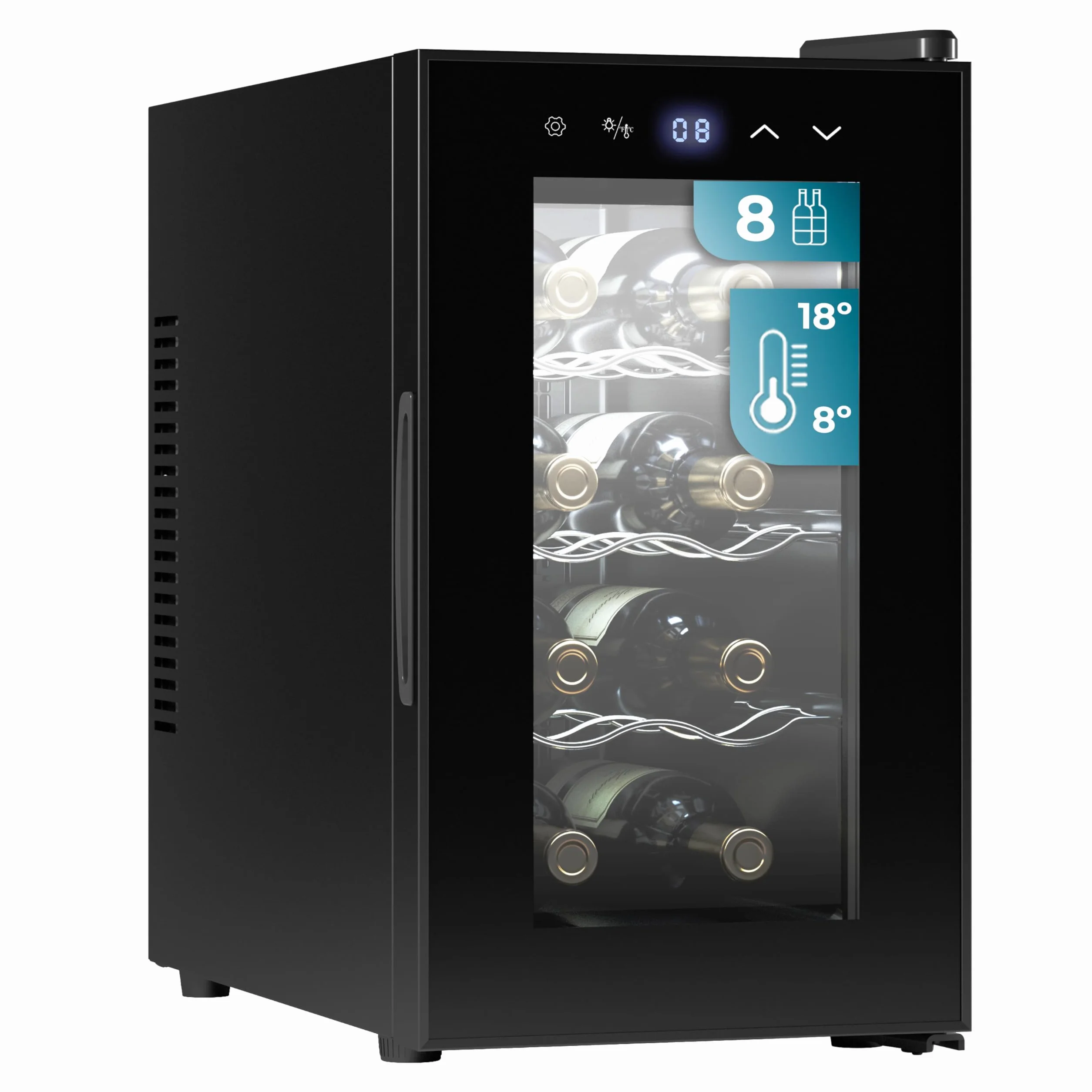 Cecotec Vinoteca Bolero Grandsommelier 830 Coolcrystal 8 Botellas Enfriamiento Termoeléctrico Temperatura Regulable 8-18ºC Control Táctil LED Interior
