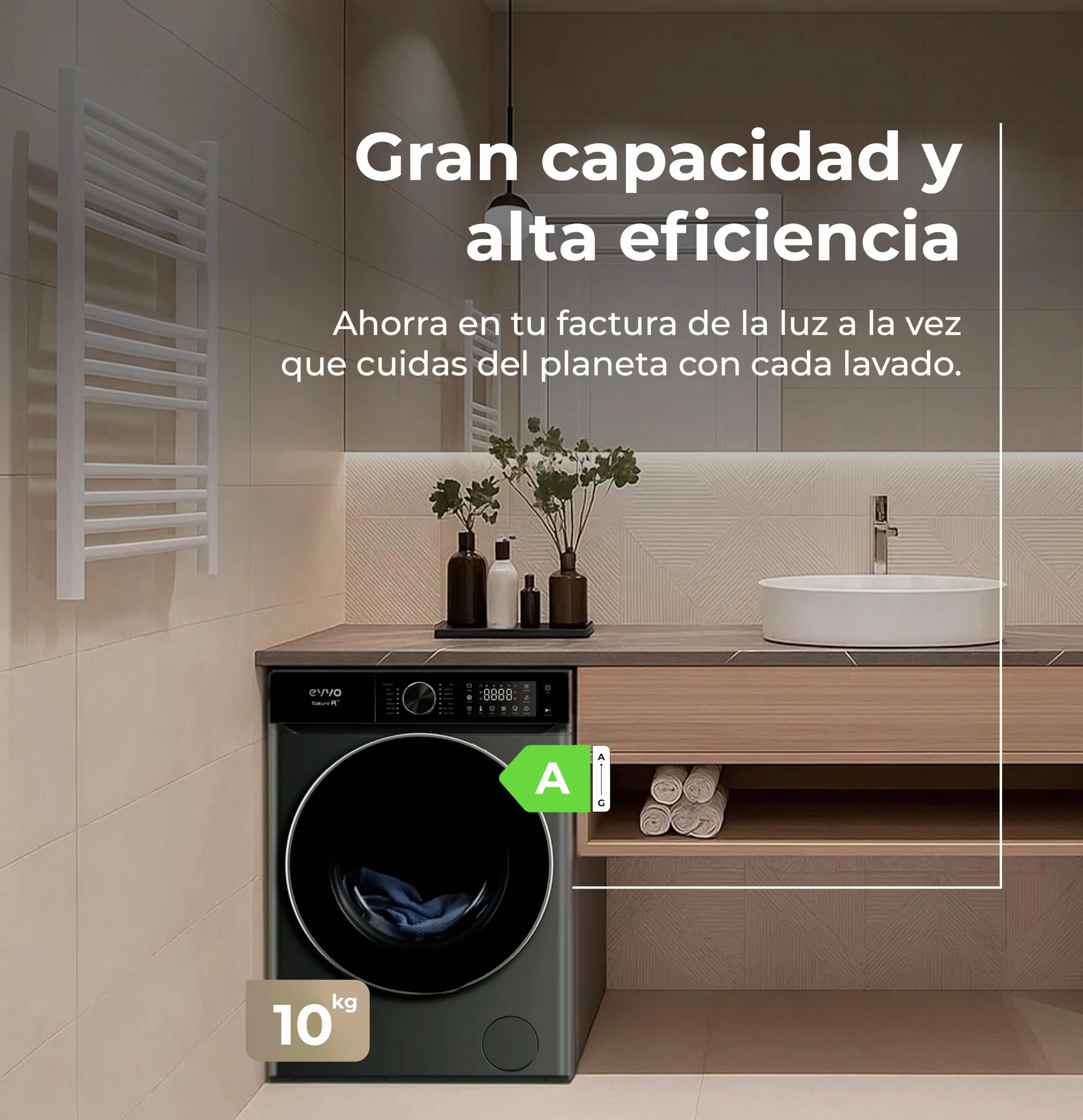 EVVO Lavadora NATURE R 10 Kg 1400 RPM Clase A Vapor Higienizante Tambor ePROTECT Diamante Motor Inverter
