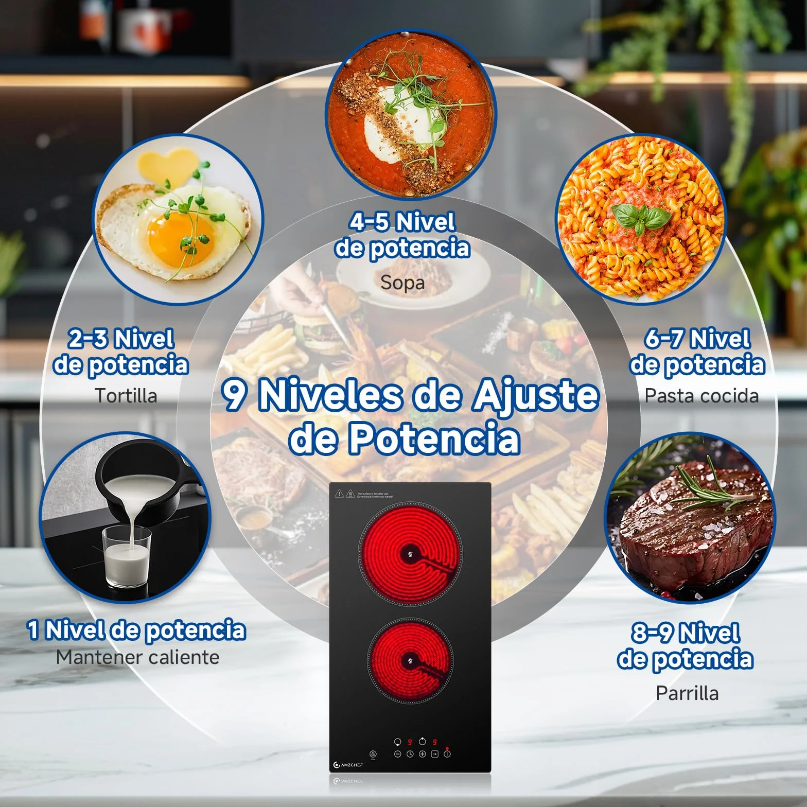 AMZCHEF Placa Vitrocerámica 2 Fuegos 3200W 9 Niveles de Potencia 2-en-1 Sobremesa/Empotrable