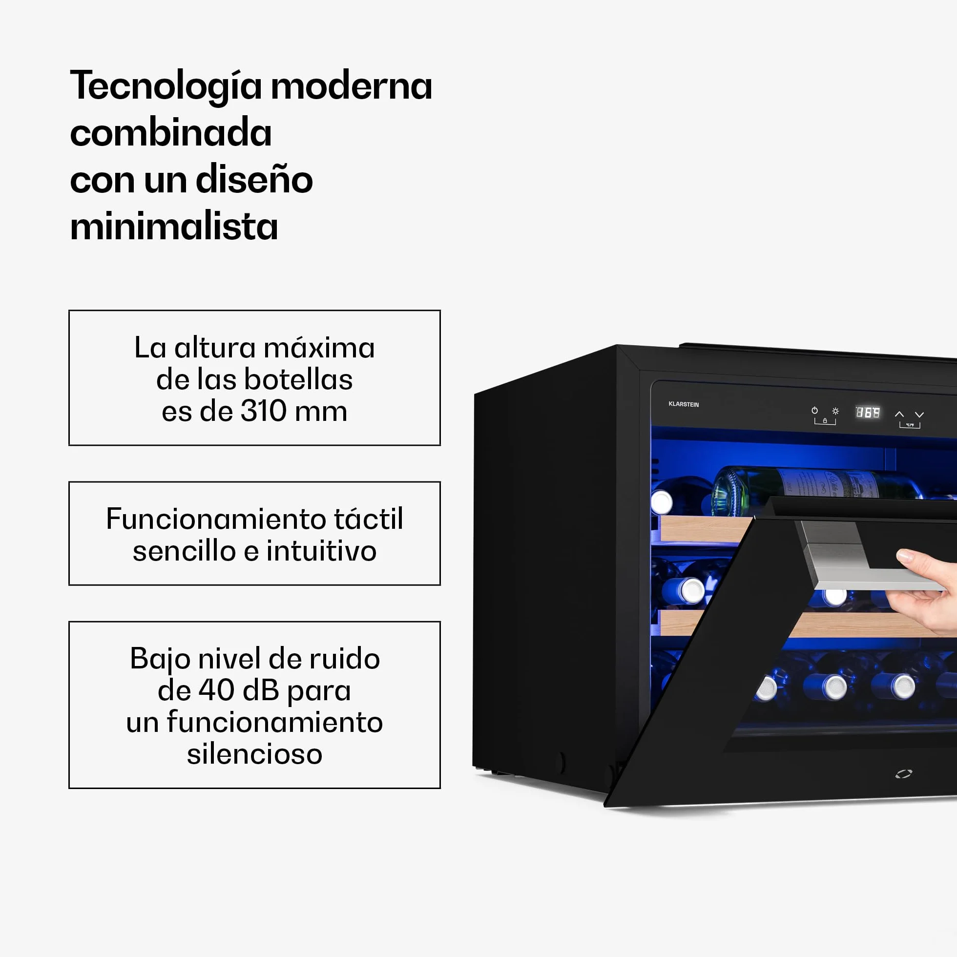 KLARSTEIN Illuminosa Vinoteca Integrable - 19 Botellas, 1 Zona, 5-20°C, LED, Control Táctil, Puerta UV, 3 Estantes Madera, Nevera Vinos Empotrable