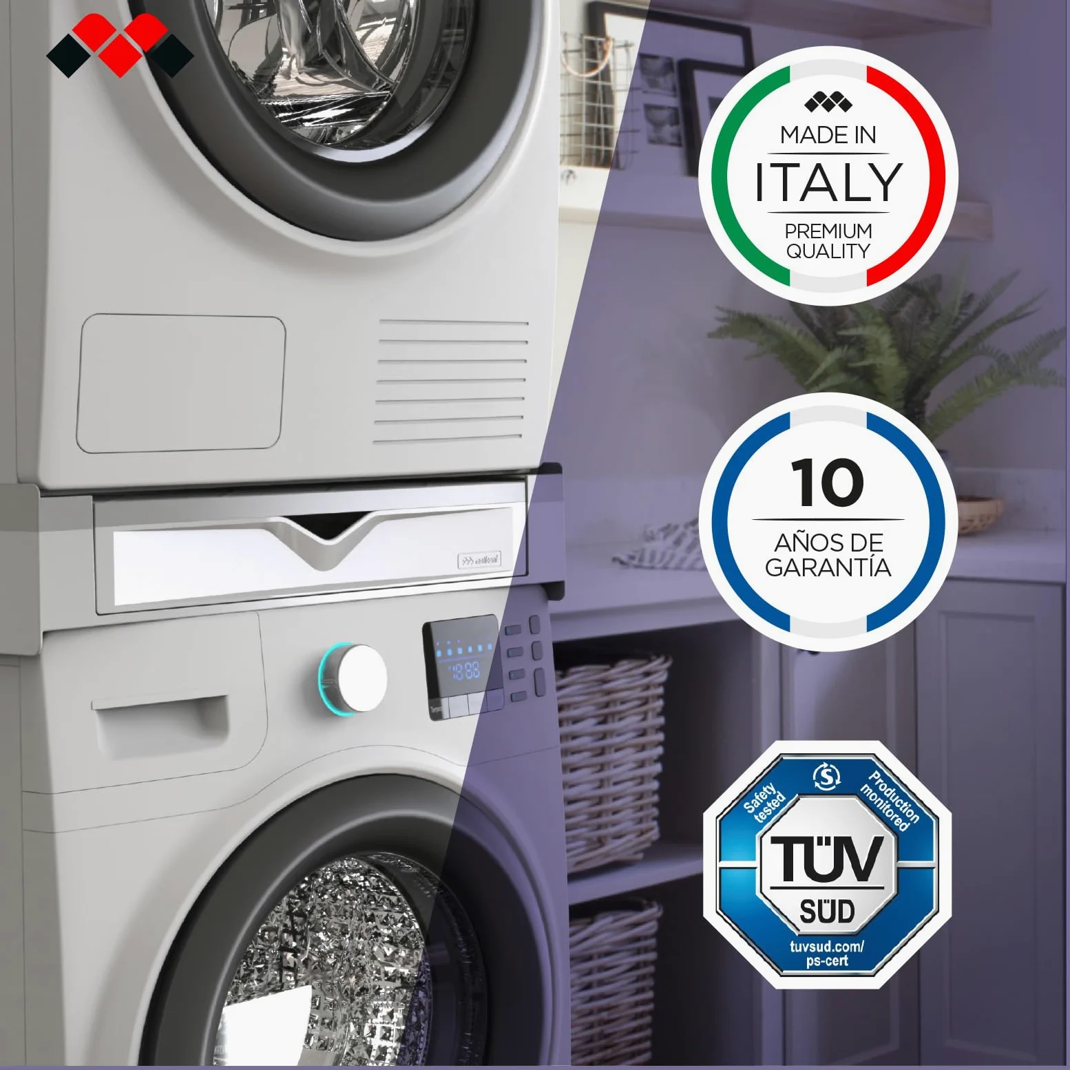 Meliconi Torre Duo, Kit Apilamiento Lavadora Secadora 2 en 1 | Premontado, con Estante de Apoyo y Compartimento de Almacenamiento, Cinta de Seguridad, Capacidad 250kg, Made in Italy, Negro