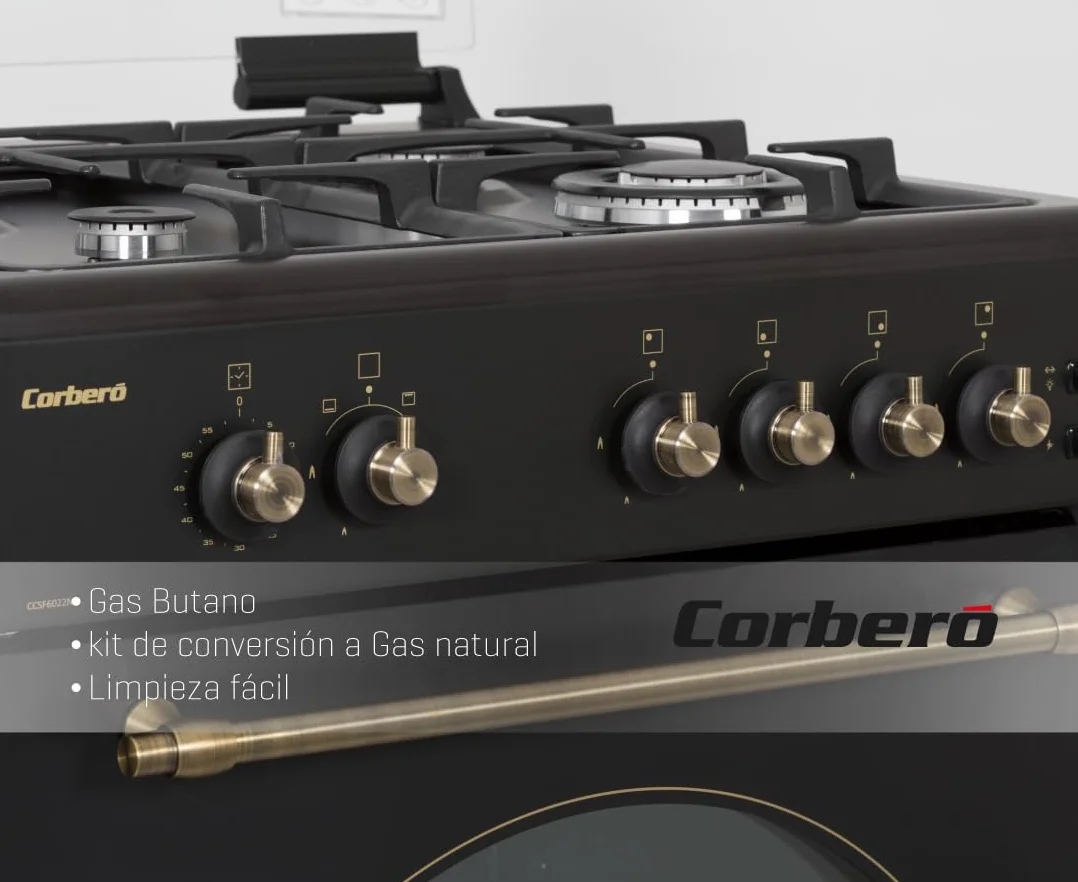 Corberó - Cocina de Gas Butano Excellence 60cm | CCSF6022NR | 4 Fuegos | Horno 55L con puerta triple cristal| Función Ruste pollos | Tapa Fogones Cristal| Wok con Quemado| Negro Rústica