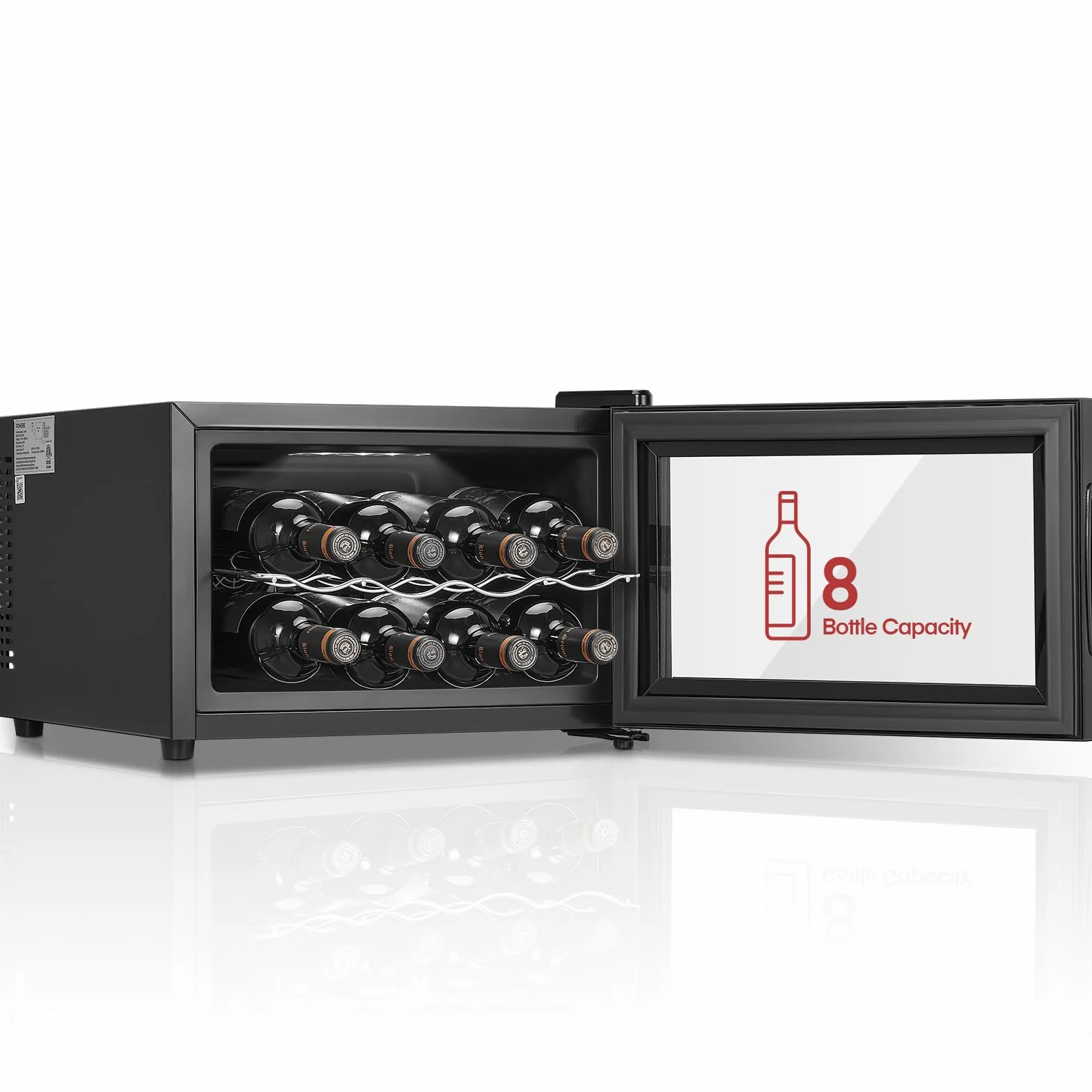 FOHERE Vinoteca de 8 botellas, frigorífico de mesa con puerta de vidrio, 22 litros LED + pantalla digital, frigorífico para bebidas con puerta de vidrio, 8-18 °C, zona única