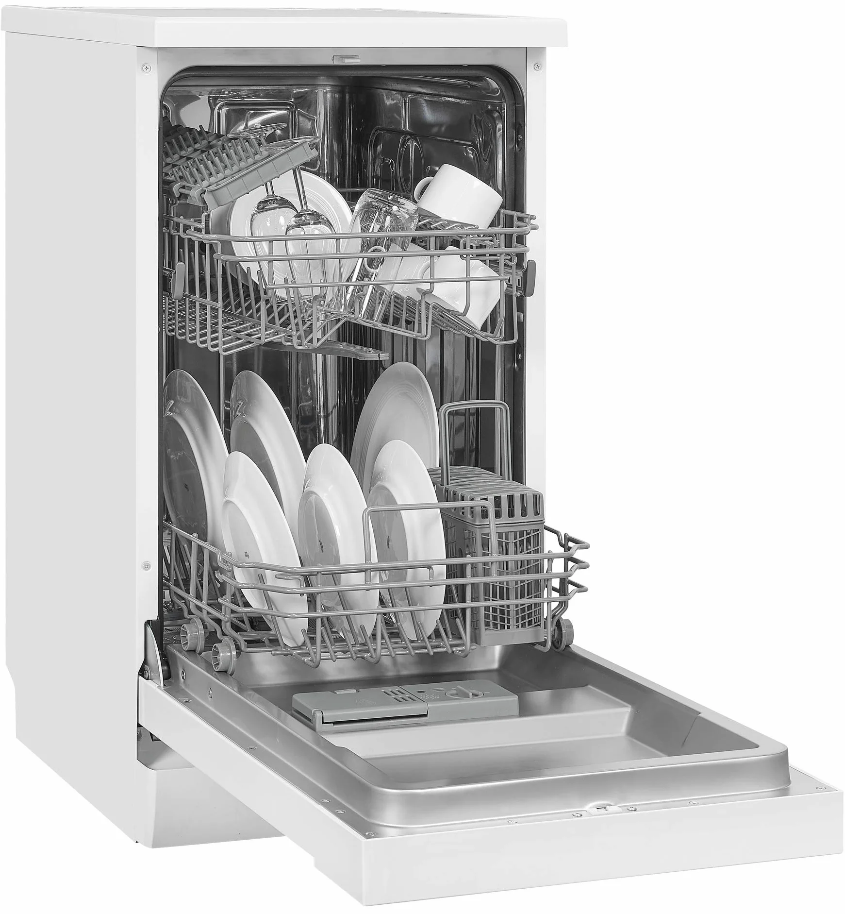 Exquisit® Lavavajillas 45Cm, Clase E, Color Blanco, 9 Servicios, 6 Programas, Cesto Regulable, Funciones Extra Seco y Media Carga, Interior Inox, Consumo 70 kWh/año, Medidas 84,5x44,8x60 Cm.