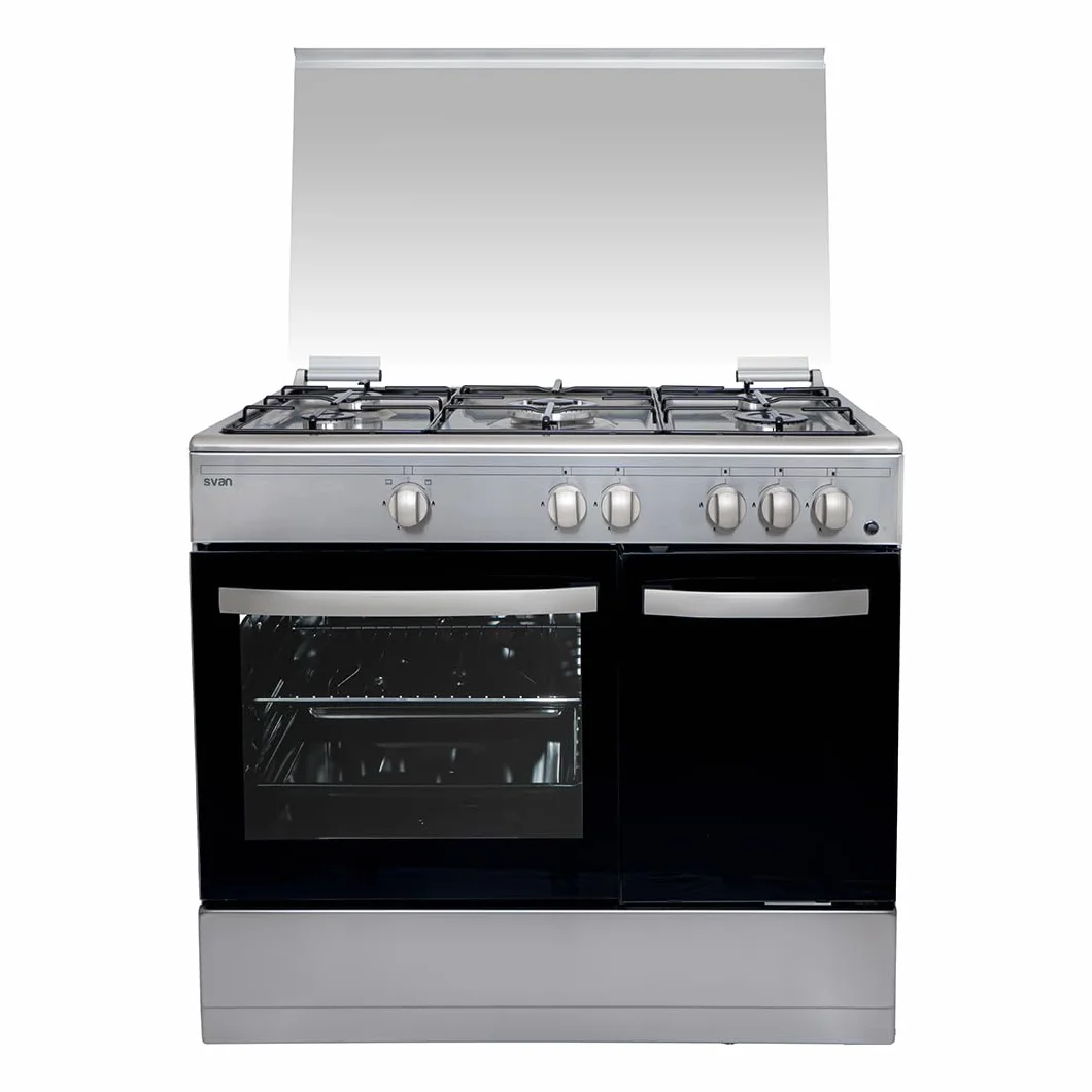 Svan Cocina Gas Butano 5 Zonas de Cocción, Horno 59 L, Inox SKGW5901PBX. Control Manual, Quemador WOK triple llama, 2 Programas de Cocción, Compartimento Bombona, Cristal en Puerta de Doble Capa