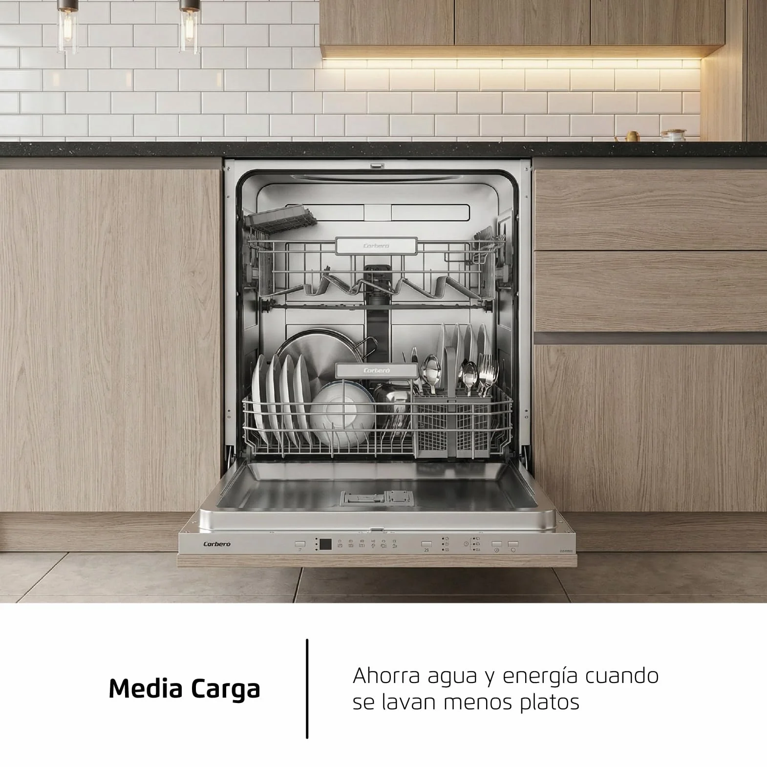 Corberó - Lavavajillas integrable 60 cm | CLVM8626I | 13 cubiertos | 6 programas | Tercera bandeja mini | Función ECO| Media Carga| Función 3 en 1 | Auto Apertura | Inox