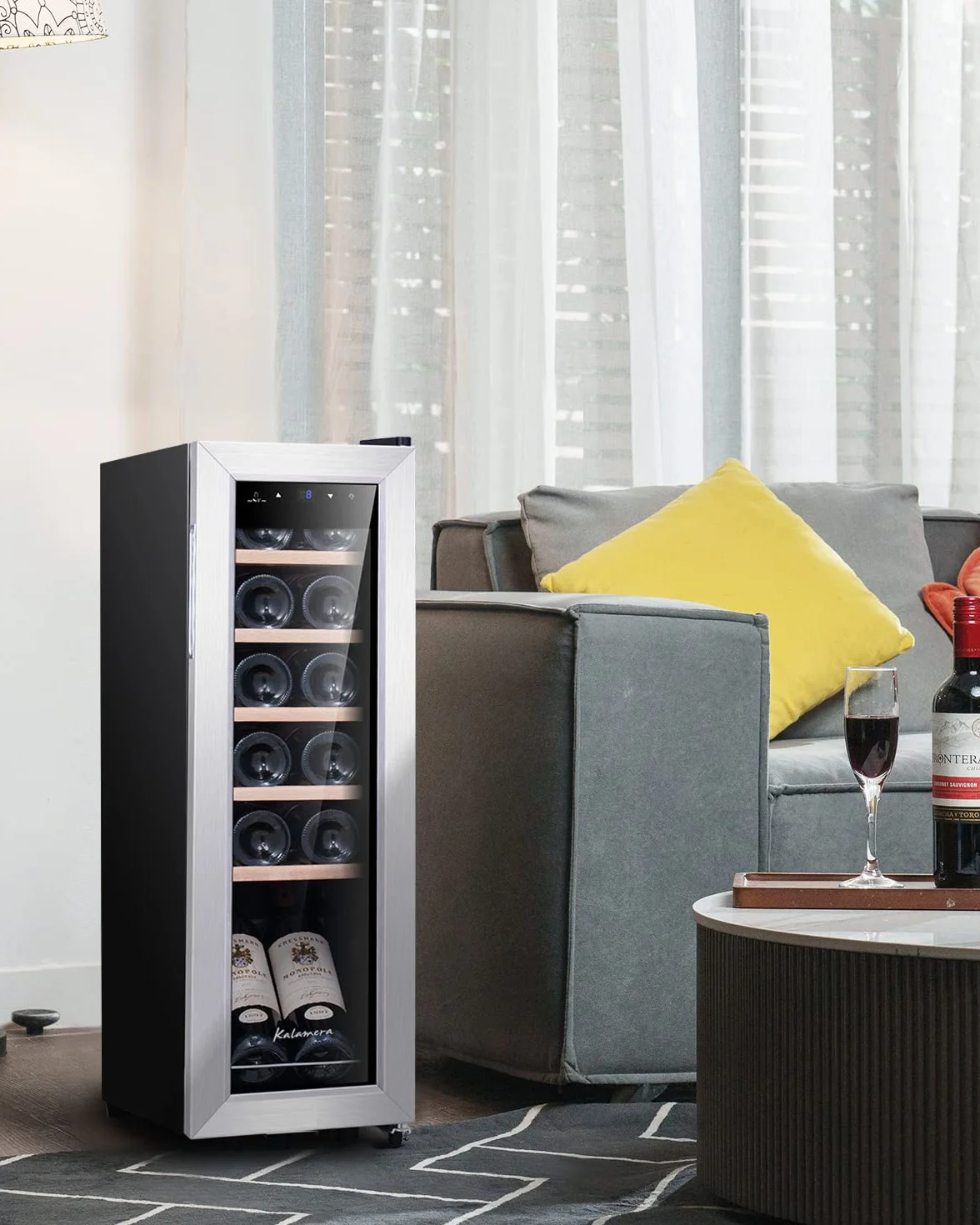 Kalamera Nevera pequeña para vino, 5 – 18 °C, compresor, 12 botellas, almohadillas de madera extraíbles, 35 litros, KRC-35FCSS Vinoteca