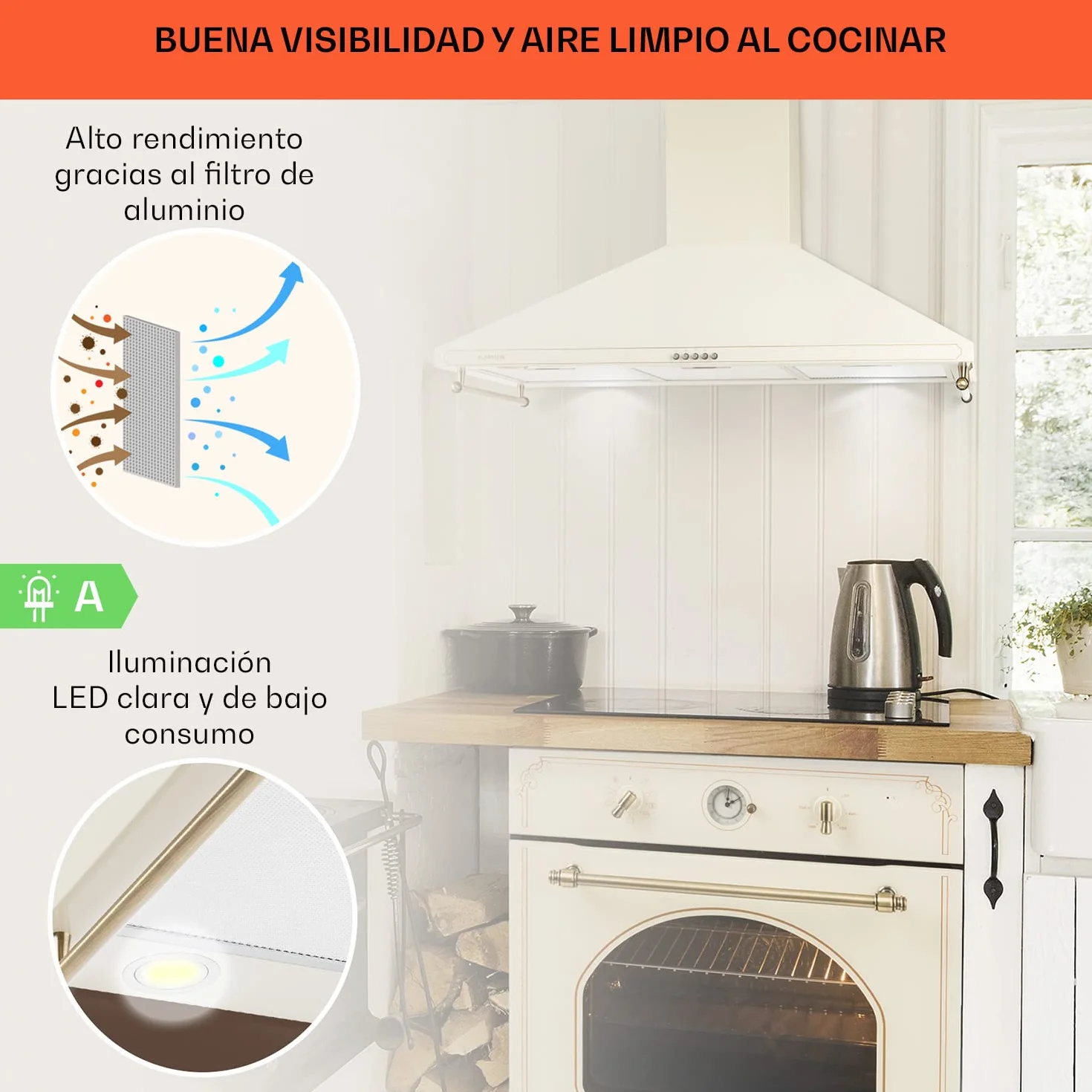 Klarstein Campana Extractora 90 cm, Extractor Cocina para Pared con Filtro Aluminio Antigrasa para Lavavajillas, Flujo Aire 645m³/h, Luces LEDs, Campanas de Cocina, Extractores con Montaje de Pared