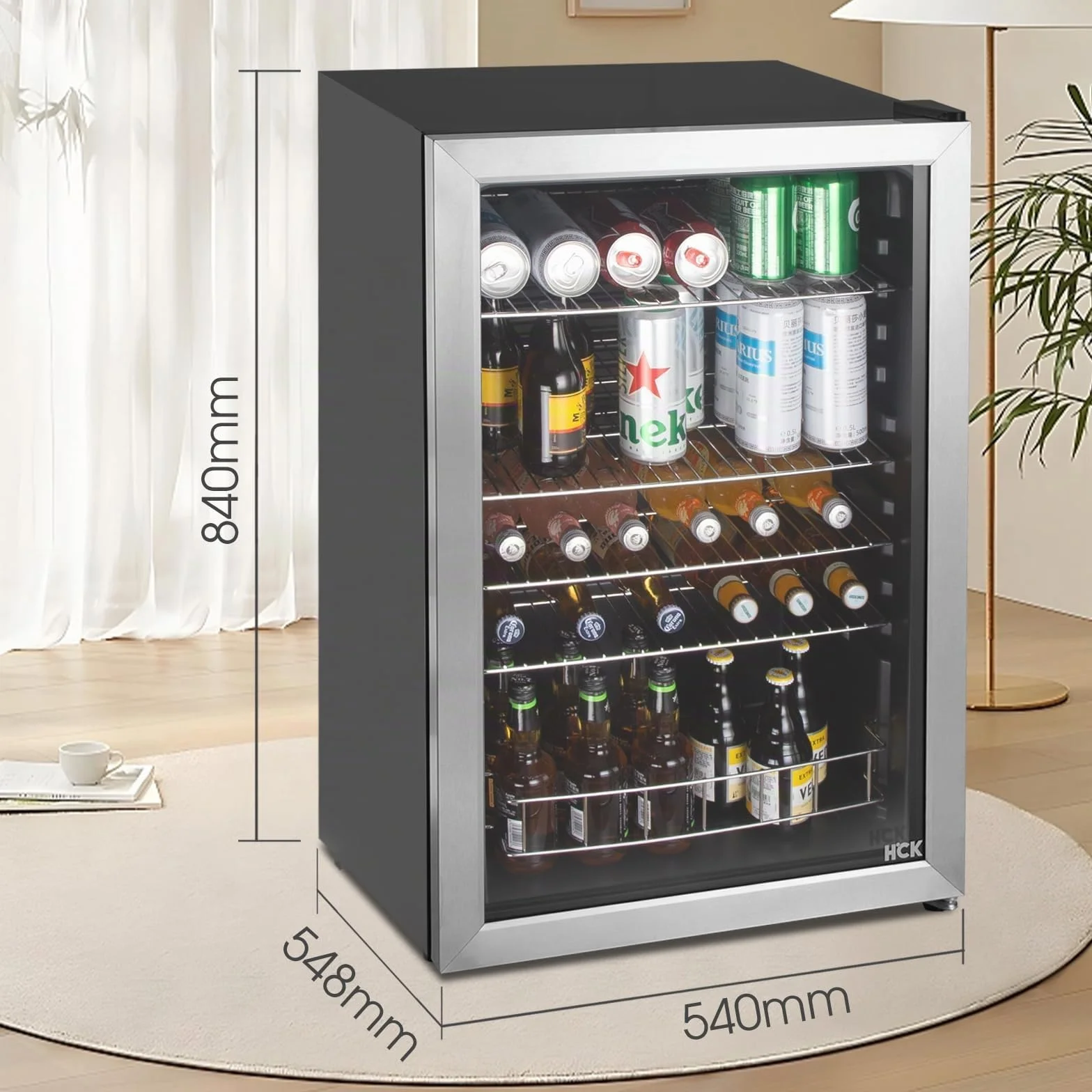 HCK Refrigerador de Bebidas Independiente de 115L con Puerta de Vidrio Doble, Temperatura Ajustable de 0-10℃, 4 Estantes Removibles para Cerveza y Bebidas