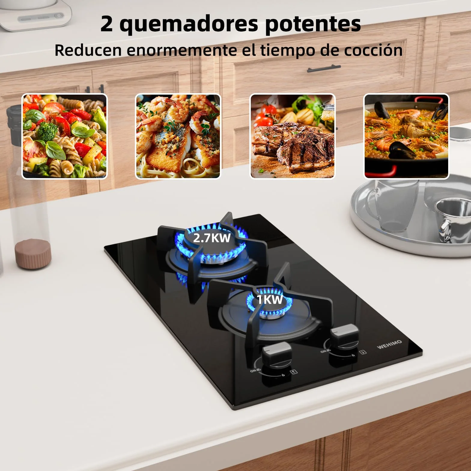 WEHIMO - Placa de cocina de gas de 2 fuegos, 2 fuegos empotrable, rejilla hierro fundido, 3700 W, gas ciudad y botella, cristal negro
